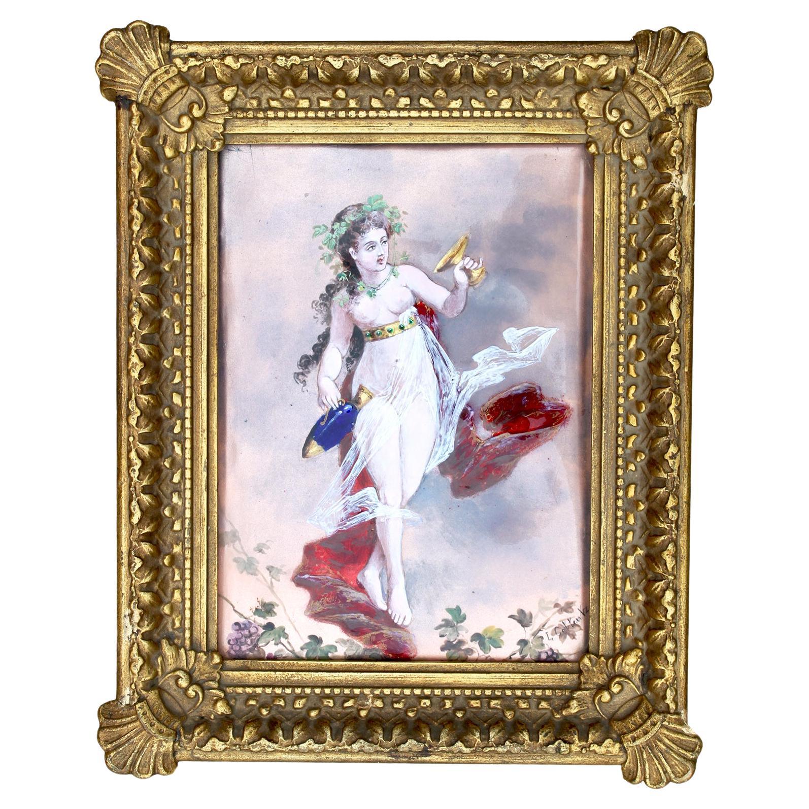 Allegorical Belle Époque Limoges Enamel Painting Plaque of a Semi-Nude Bacchante For Sale