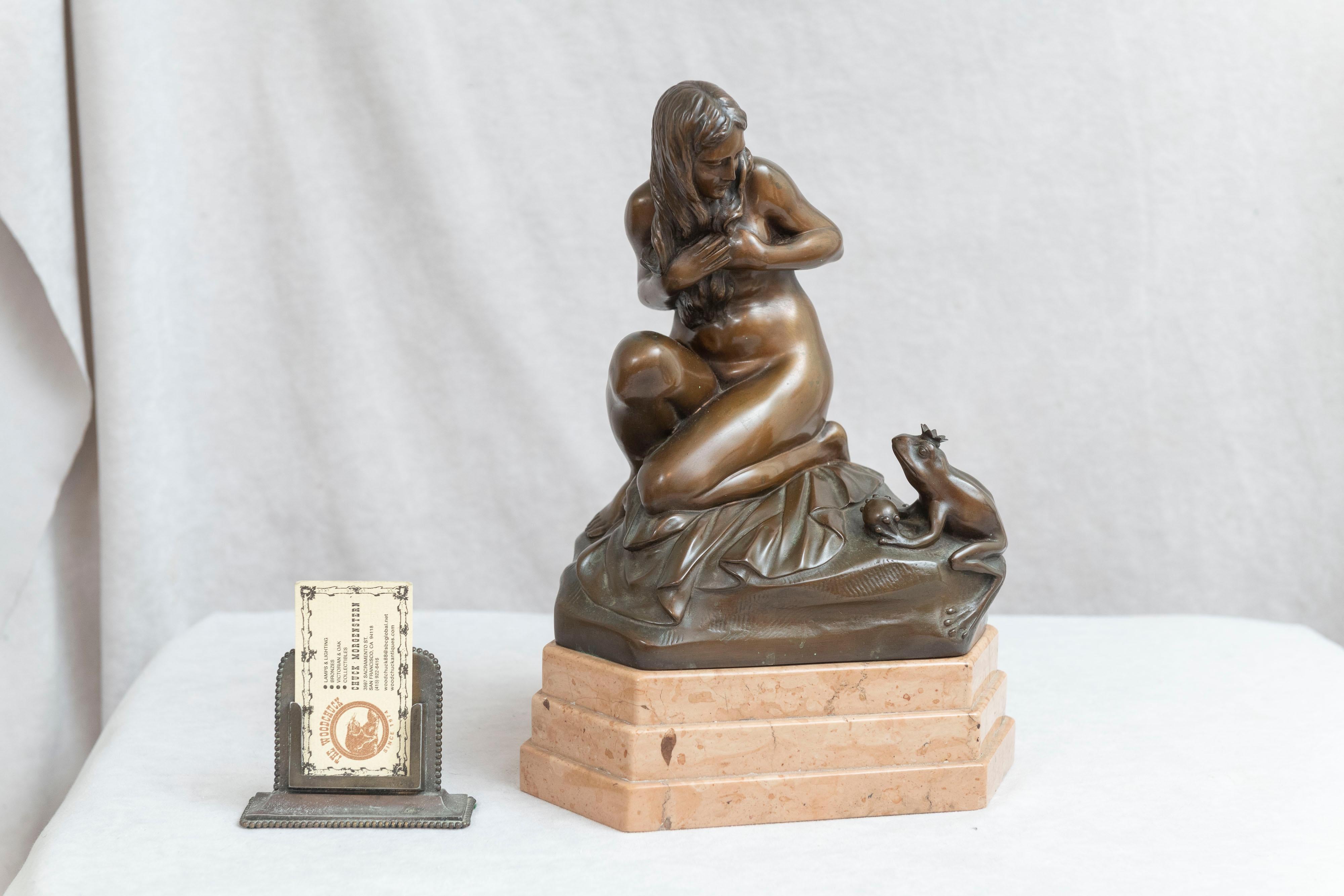 We especially seek out fun allegorical bronzes, circa 1920. Most of us know the story of the frog prince and the princess, but now we learned there is more to the story. The princess drops the golden ball into the pond, and the frog retrieves it and