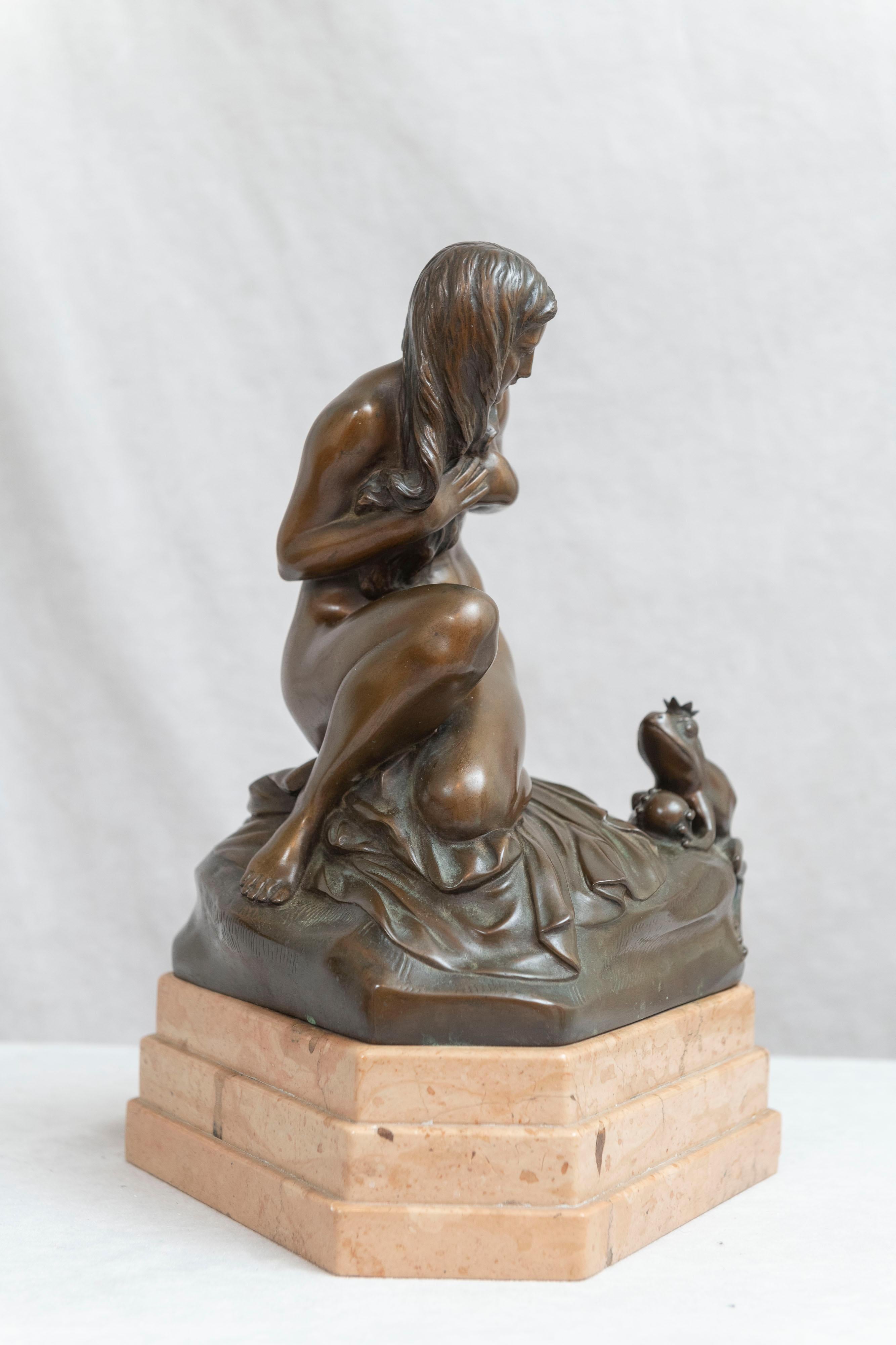 Hand-Crafted Allegorical Bronze, Frog Prince Holding the Golden Ball & Young Maiden