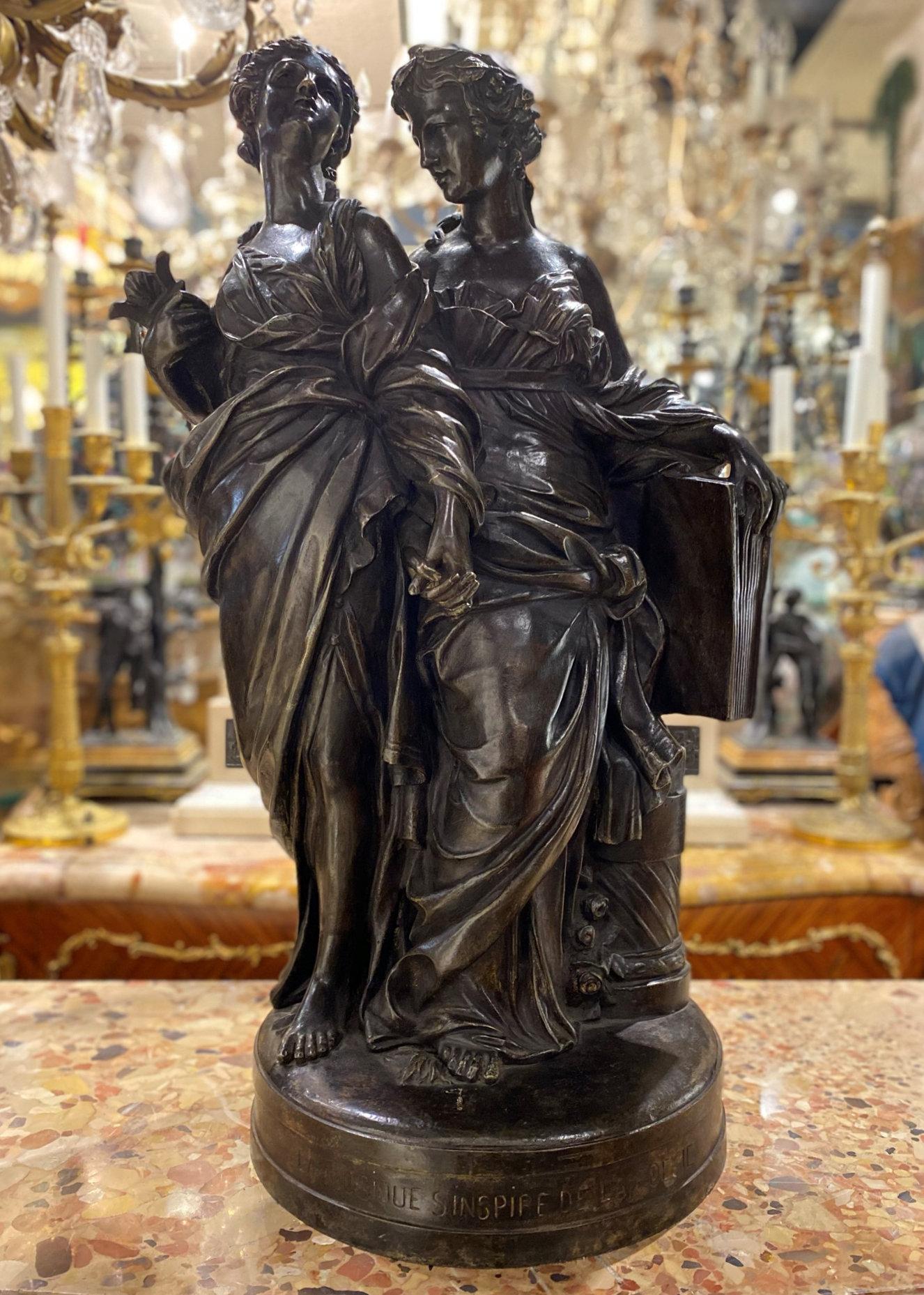 Patinated Allegorical Bronze of Music and Poetry After Guillaume Coustou II For Sale