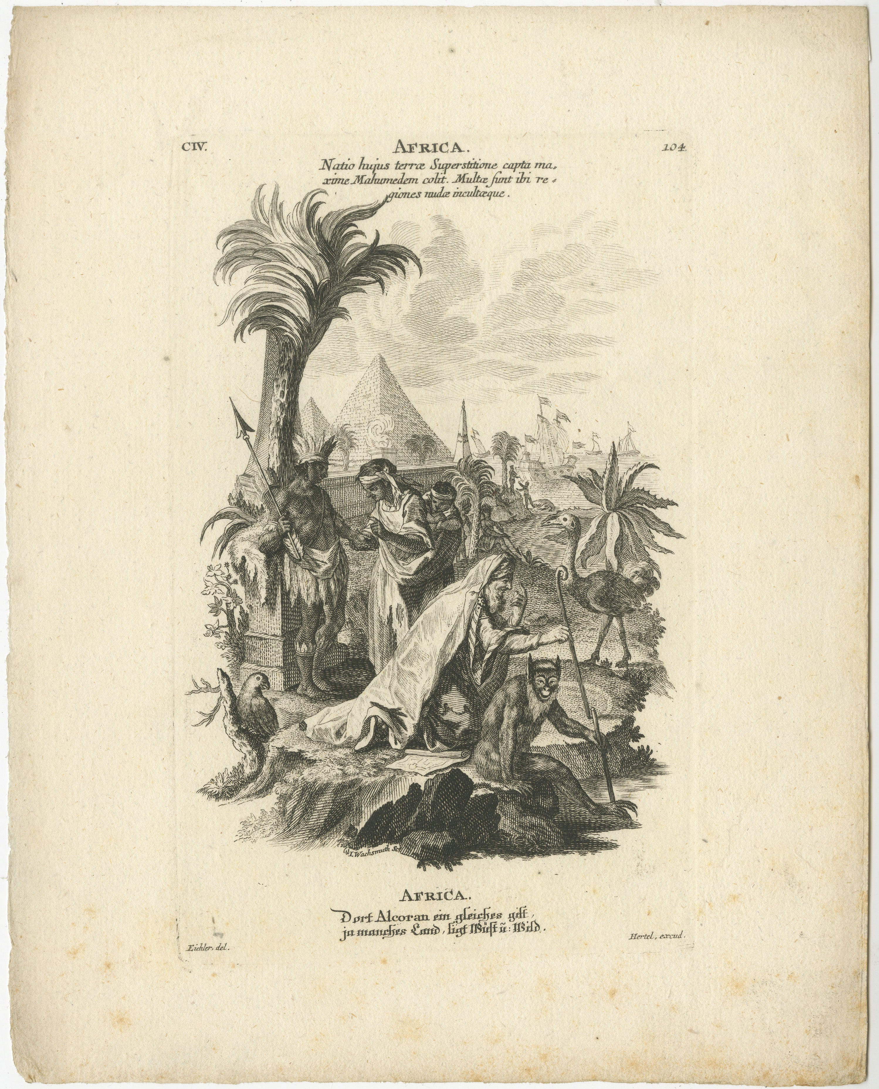 Title: Africa

The engraving titled Africa was part of a series representing the four continents, published by Johann Georg Hertel in Augsburg during the mid-18th century. The series includes allegorical depictions of Europe, Asia, Africa, and