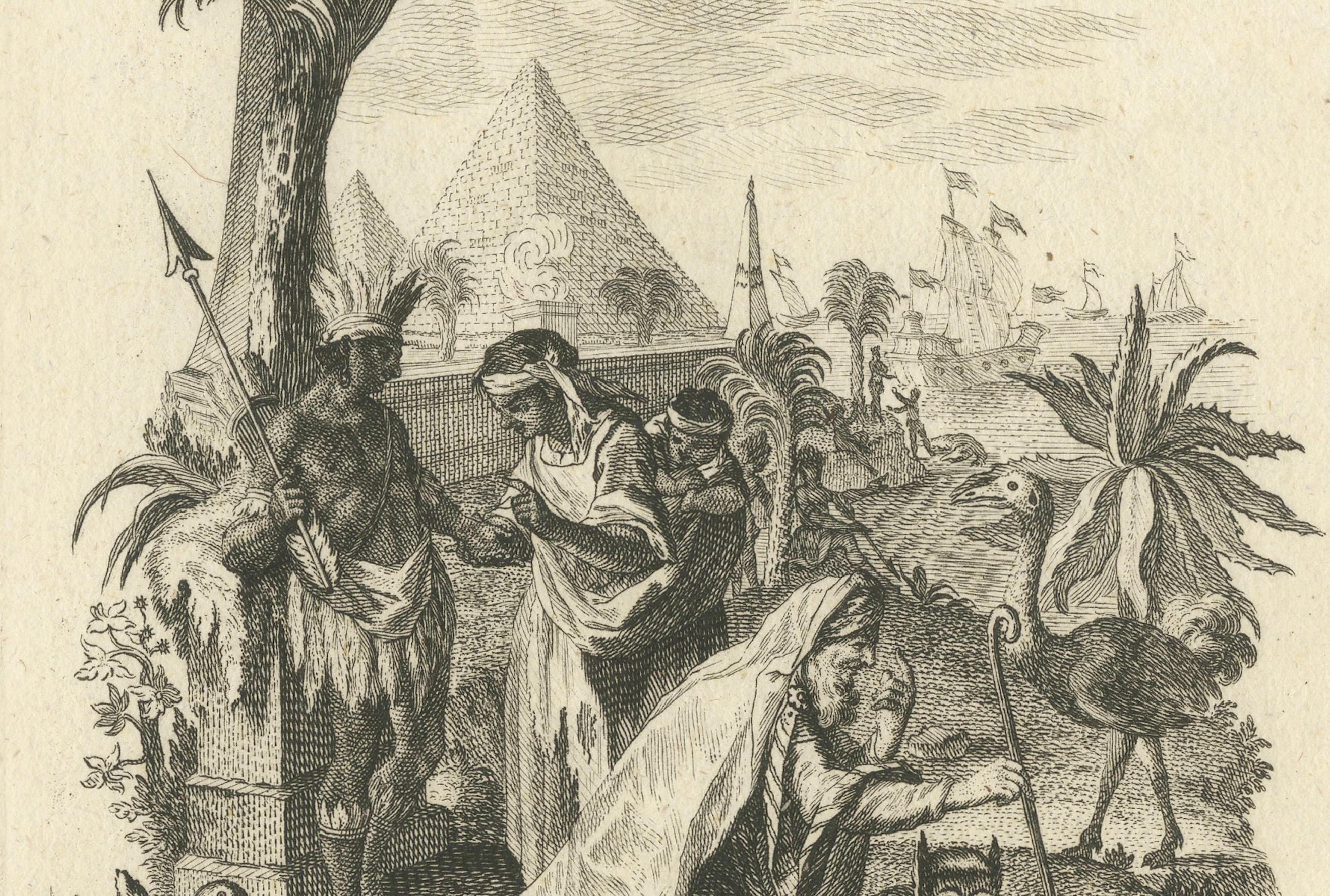 Allegorical Engraving of Africa, Johann Georg Hertel, Augsburg, Mid-18th Century In Good Condition For Sale In Langweer, NL