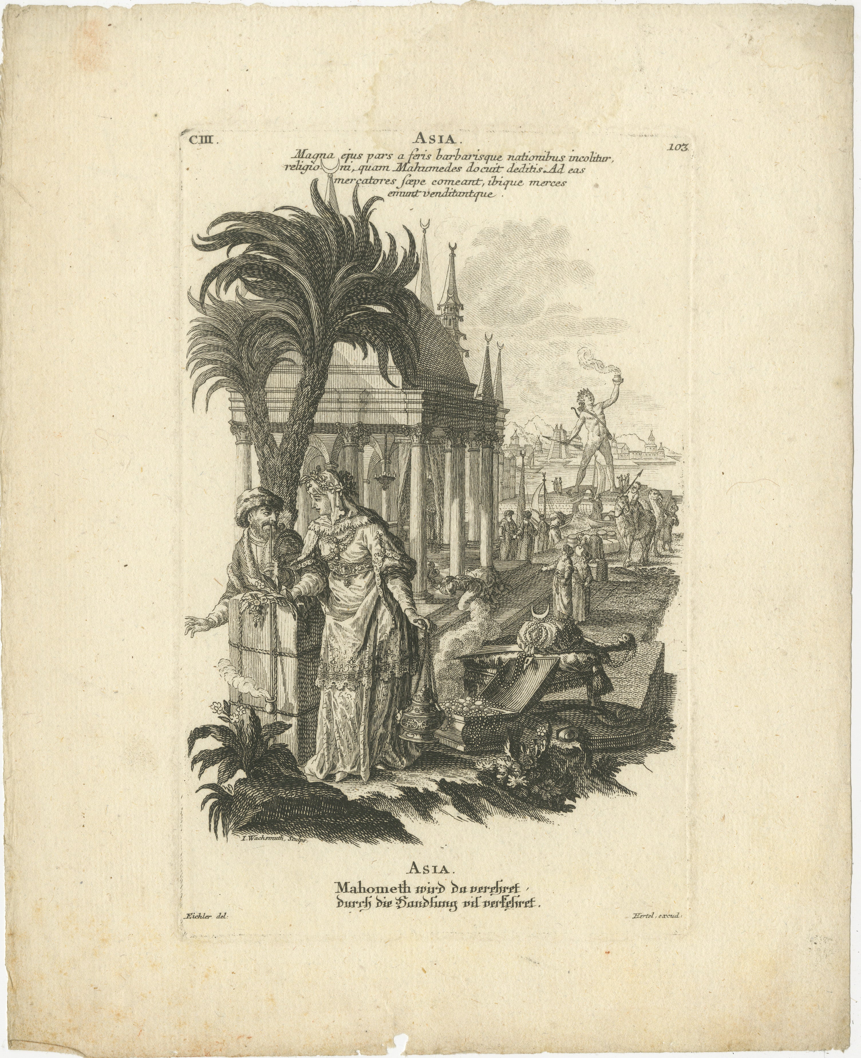 Titre : Asie

La gravure intitulée Asia fait partie d'une série représentant les quatre continents, publiée par Johann Georg Hertel à Augsbourg au milieu du 18e siècle. Cette série comprend des représentations allégoriques de l'Europe, de l'Asie, de