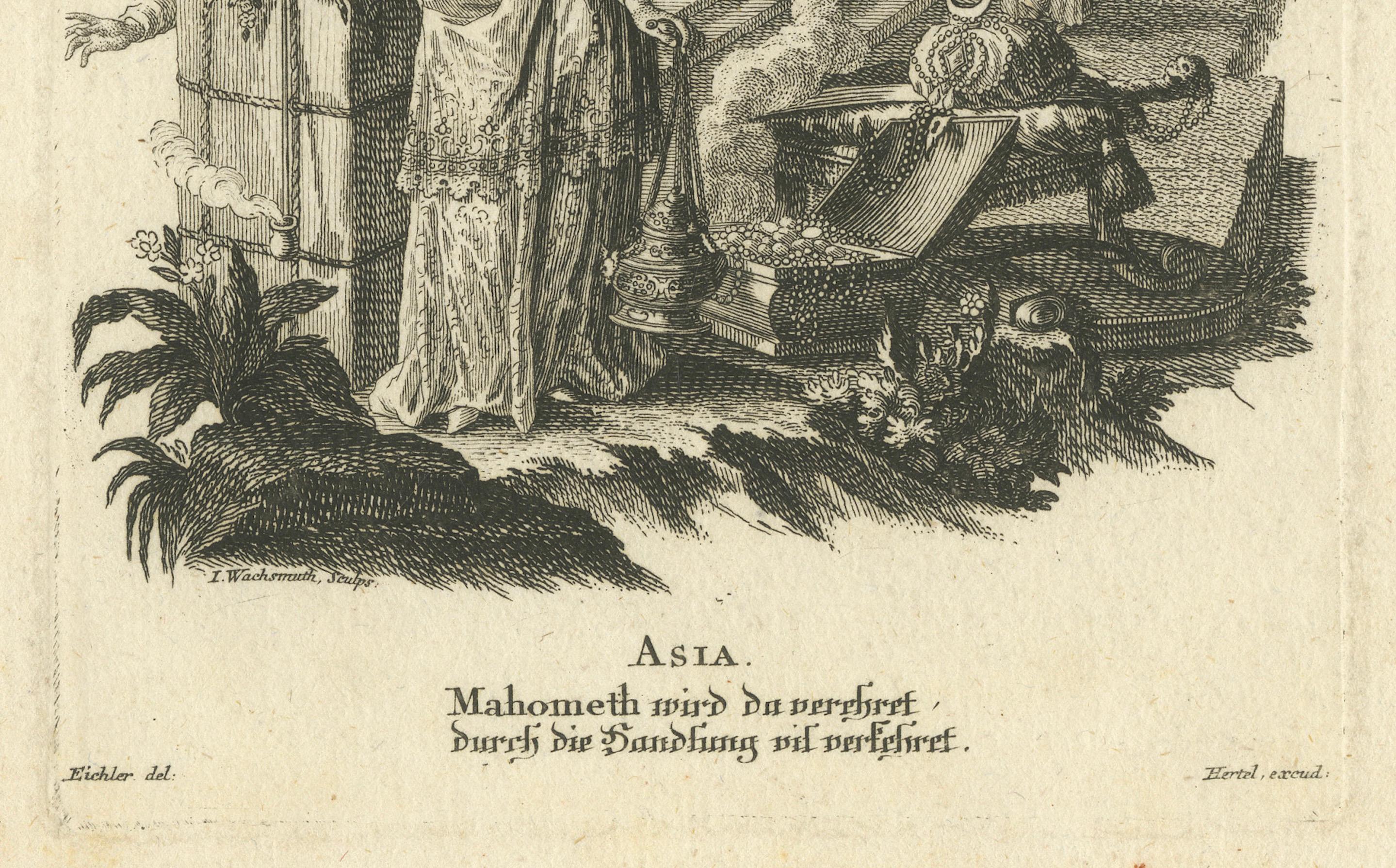 Gravé Gravure allégorique de l'Asie, Johann Hertel, Augsbourg, Chef-d'œuvre du XVIIIe siècle en vente