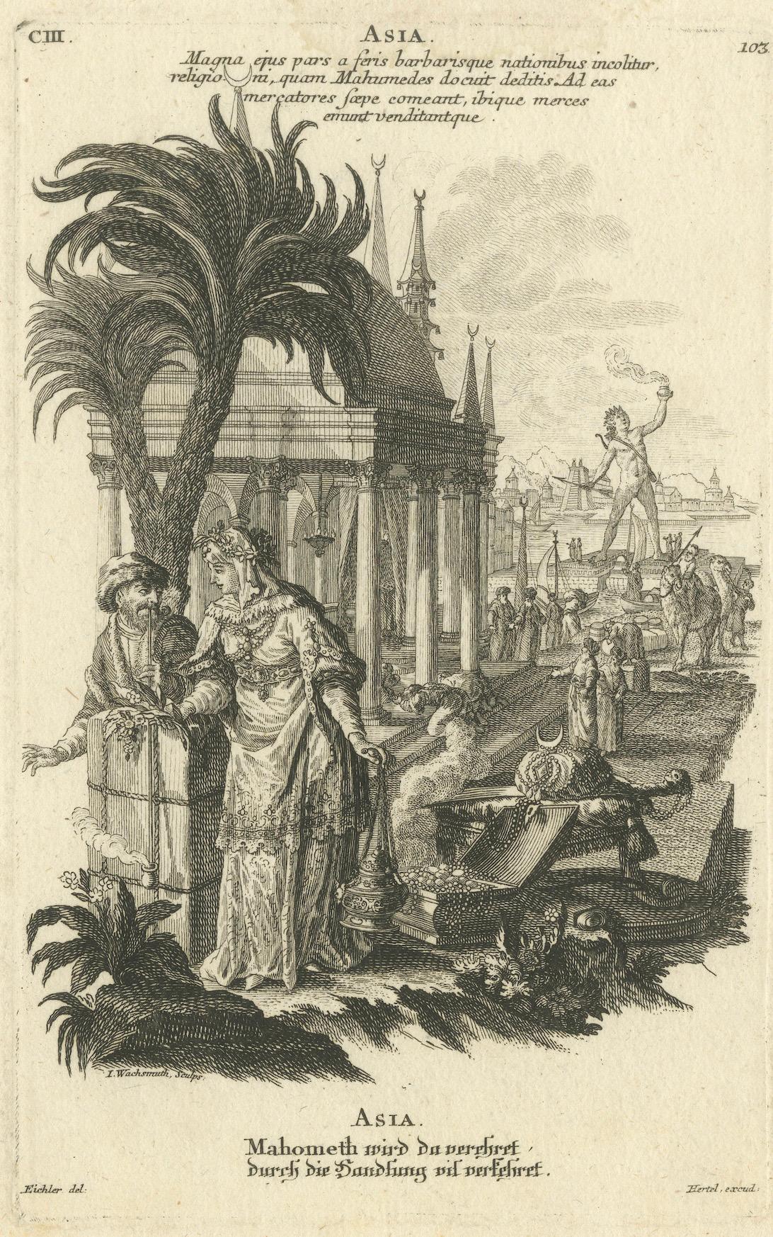 Papier Gravure allégorique de l'Asie, Johann Hertel, Augsbourg, Chef-d'œuvre du XVIIIe siècle en vente
