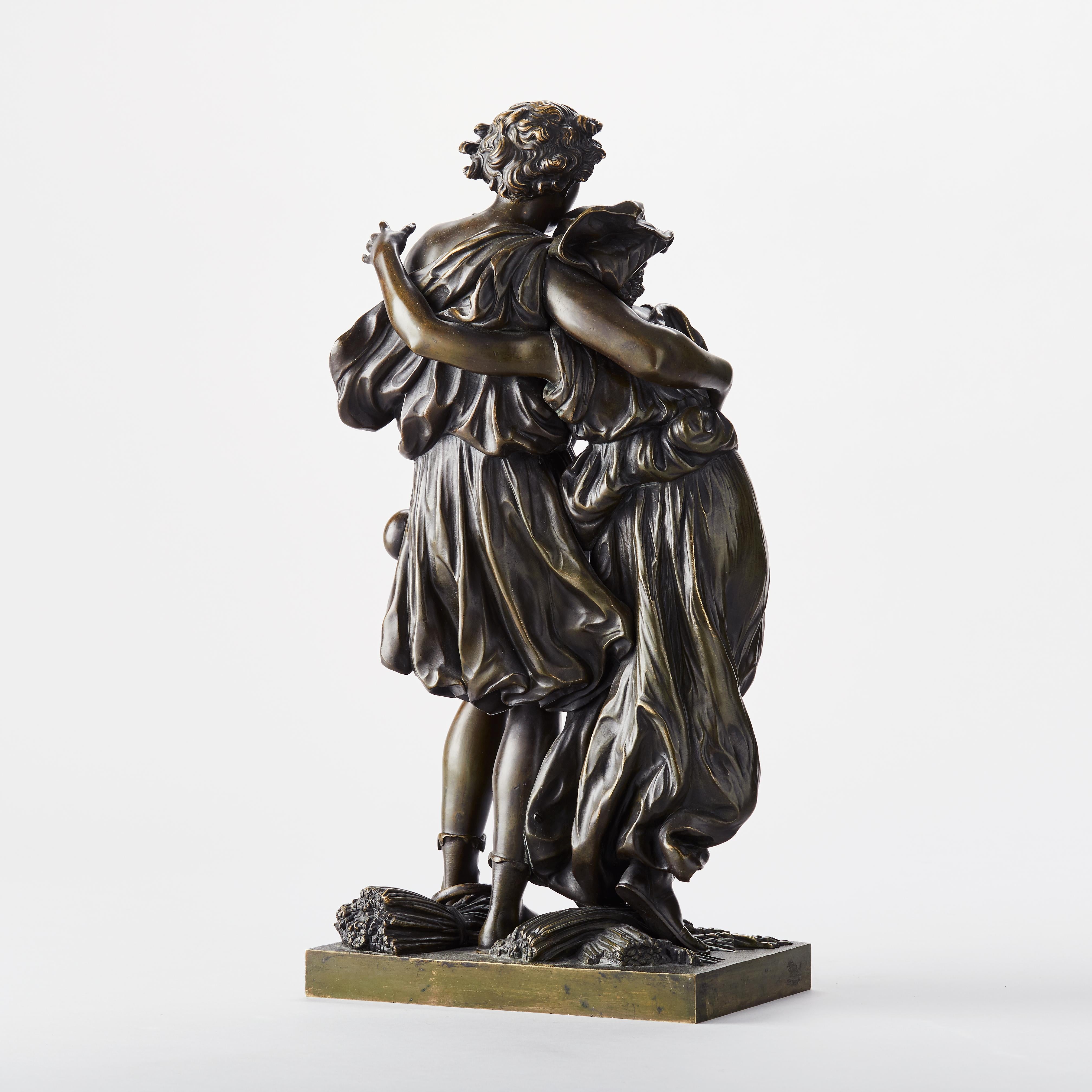 Allegorical figural group of autumn and summer bronze. By Etienne Henri Dumaige (1830-1888), not signed. The sculpture depicting a man (Autumn) supporting a woman (Summer) on a rectangular base.