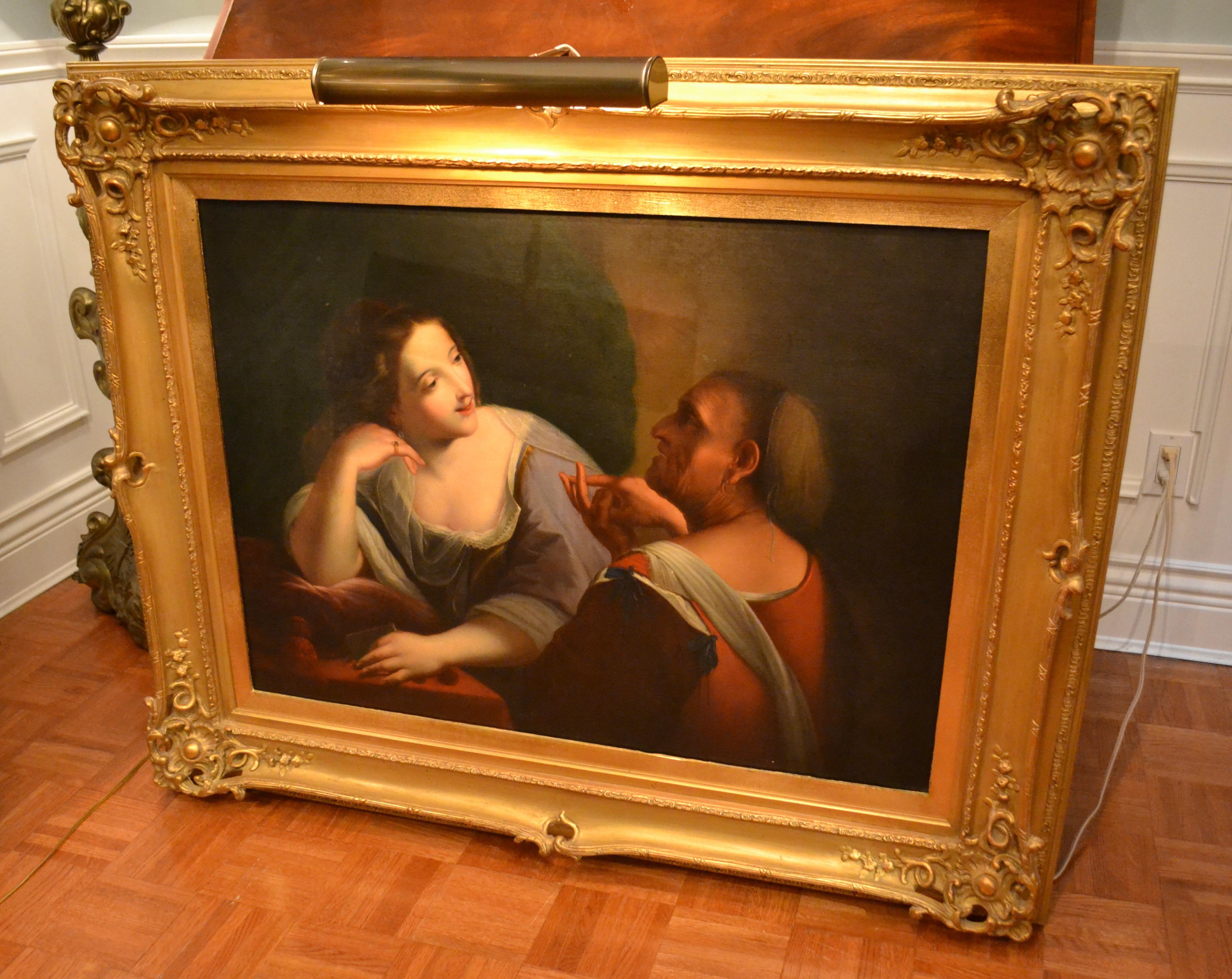 Canvas Italian Baroque Style Painting of Beauty and Old Age  attributed to R. Manchetti For Sale
