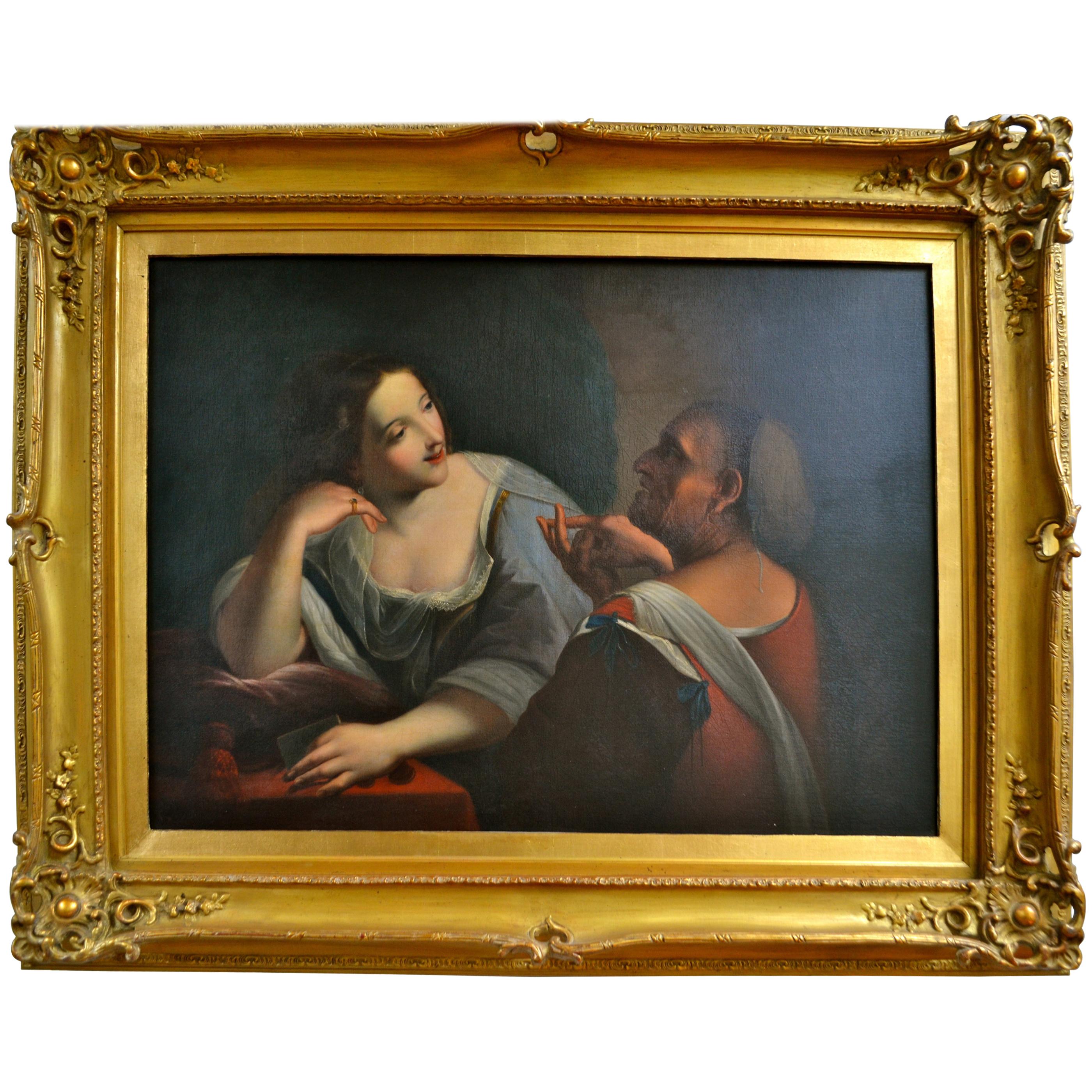 Italian Baroque Style Painting of Beauty and Old Age  attributed to R. Manchetti