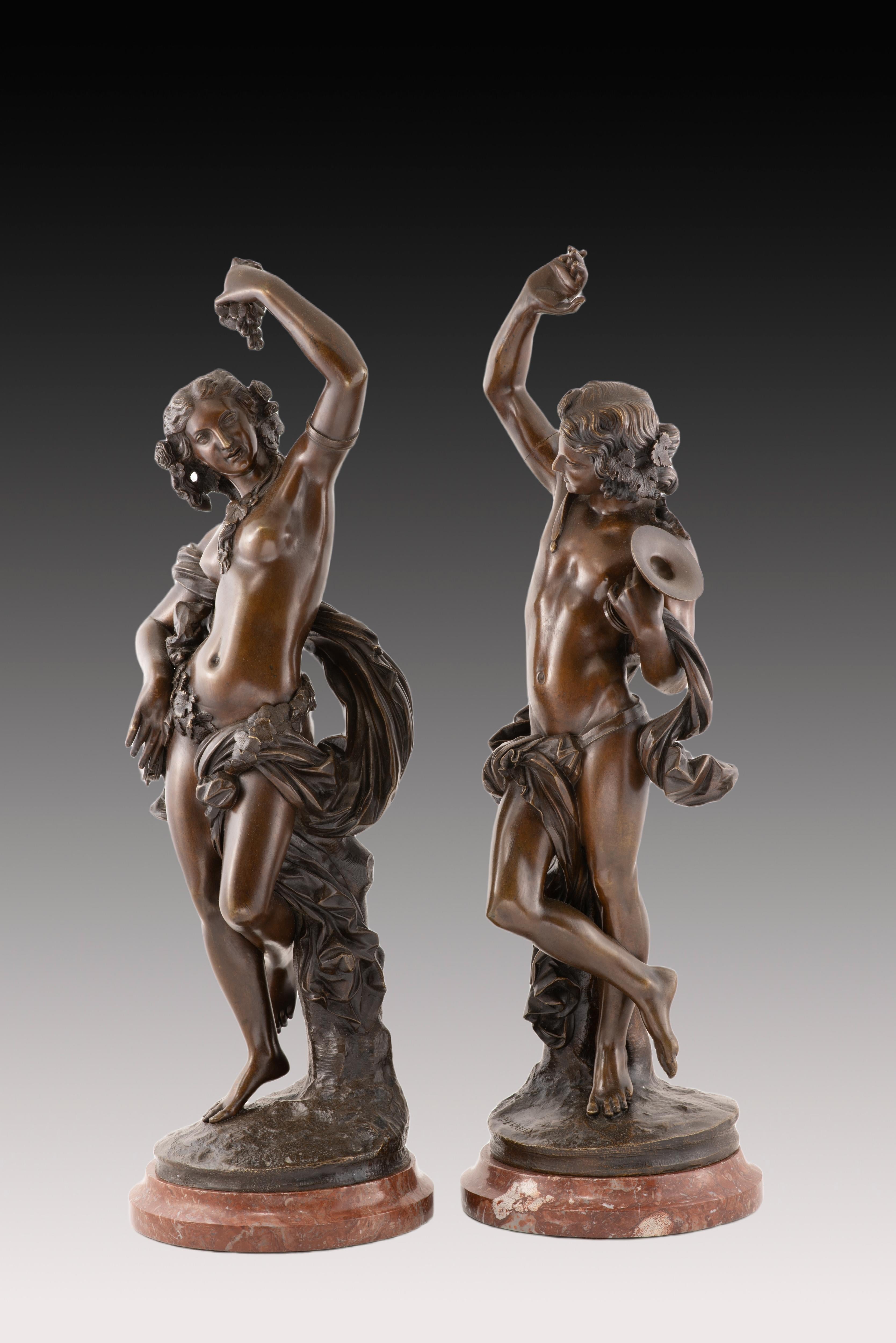  Allegorical figures. Bronze, marble. DEVAULX, François Théodore. France, 19th century.
 Inscription (lower area male figure). 
Pair of bronze figures placed on circular veined marble bases depicting two figures, one male and one female, both