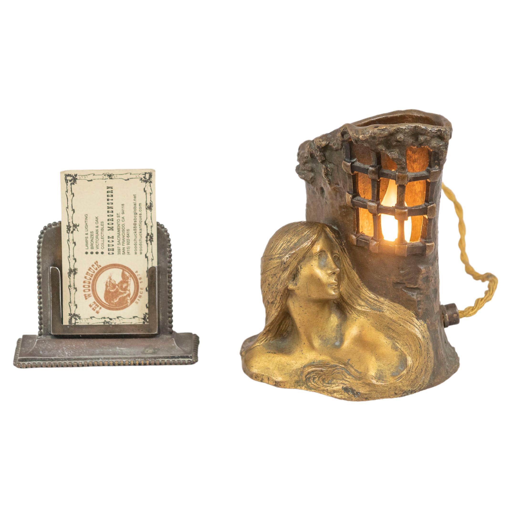 Allegorical French Art Nouveau Gilt & Patinated Bronze Lamp w/ Bust of Maiden
