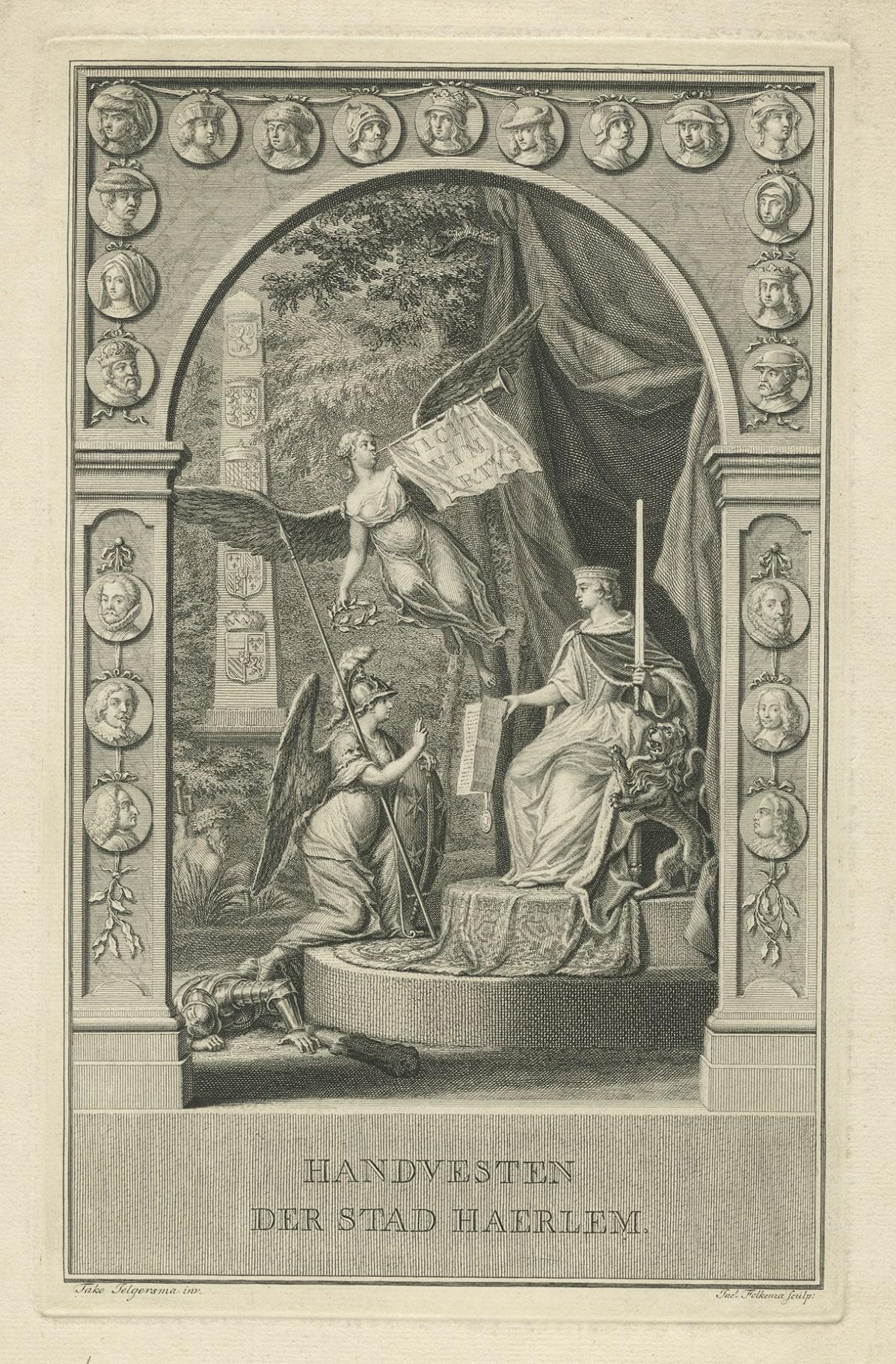 Antique print, titled: 'Handvesten der Stad Haerlem' - 

Allegorical Frontispiece from 'Handvesten, privilegien, octroyen, vry- en gerechtigheden aan de stad Haerlem …'

Source unknown, to be determined.

Artists and Engravers: Made by 'J.