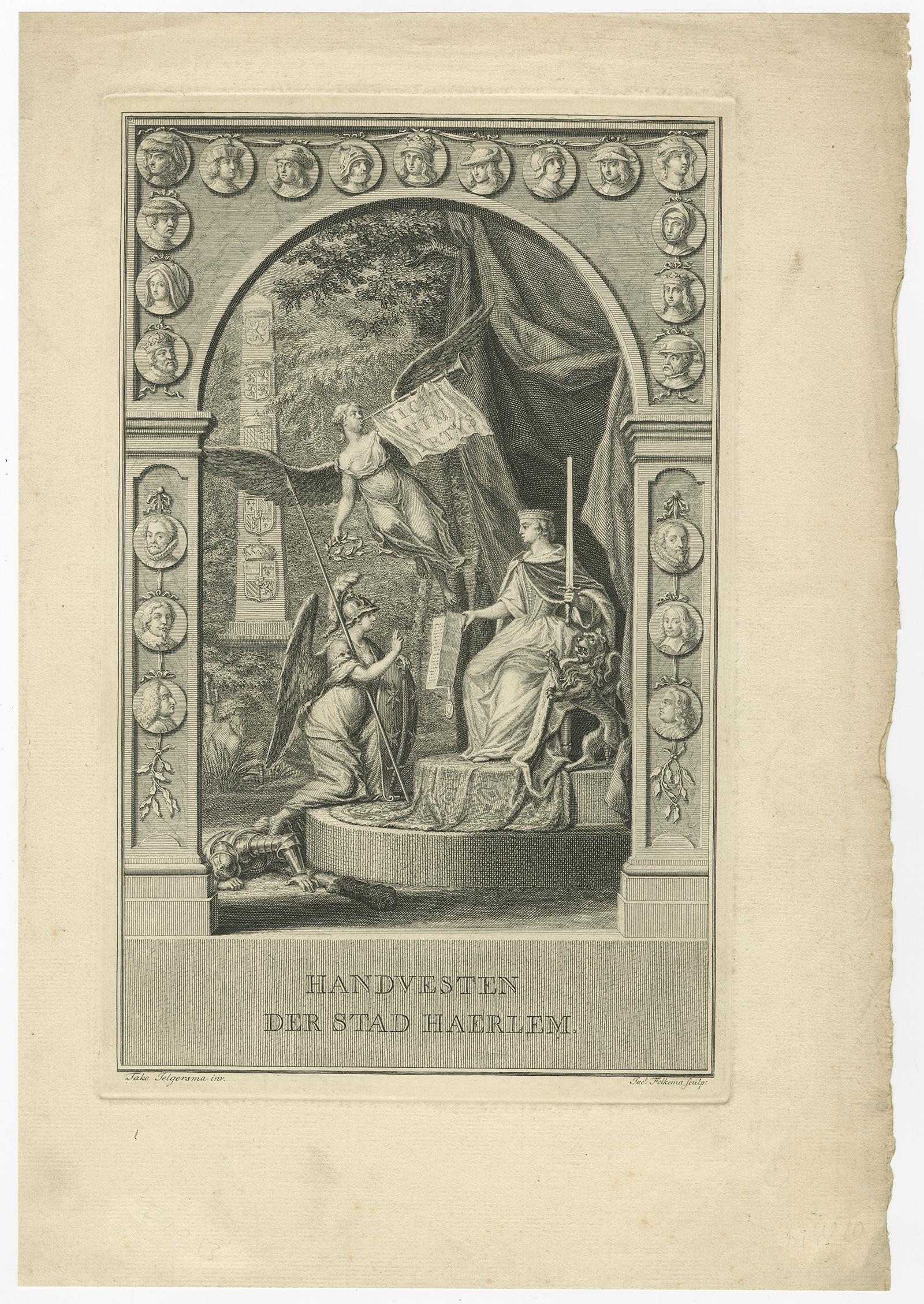 Allegorical Frontispiece of Freedom and Rights of Haarlem, The Netherlands, 1751 In Good Condition For Sale In Langweer, NL