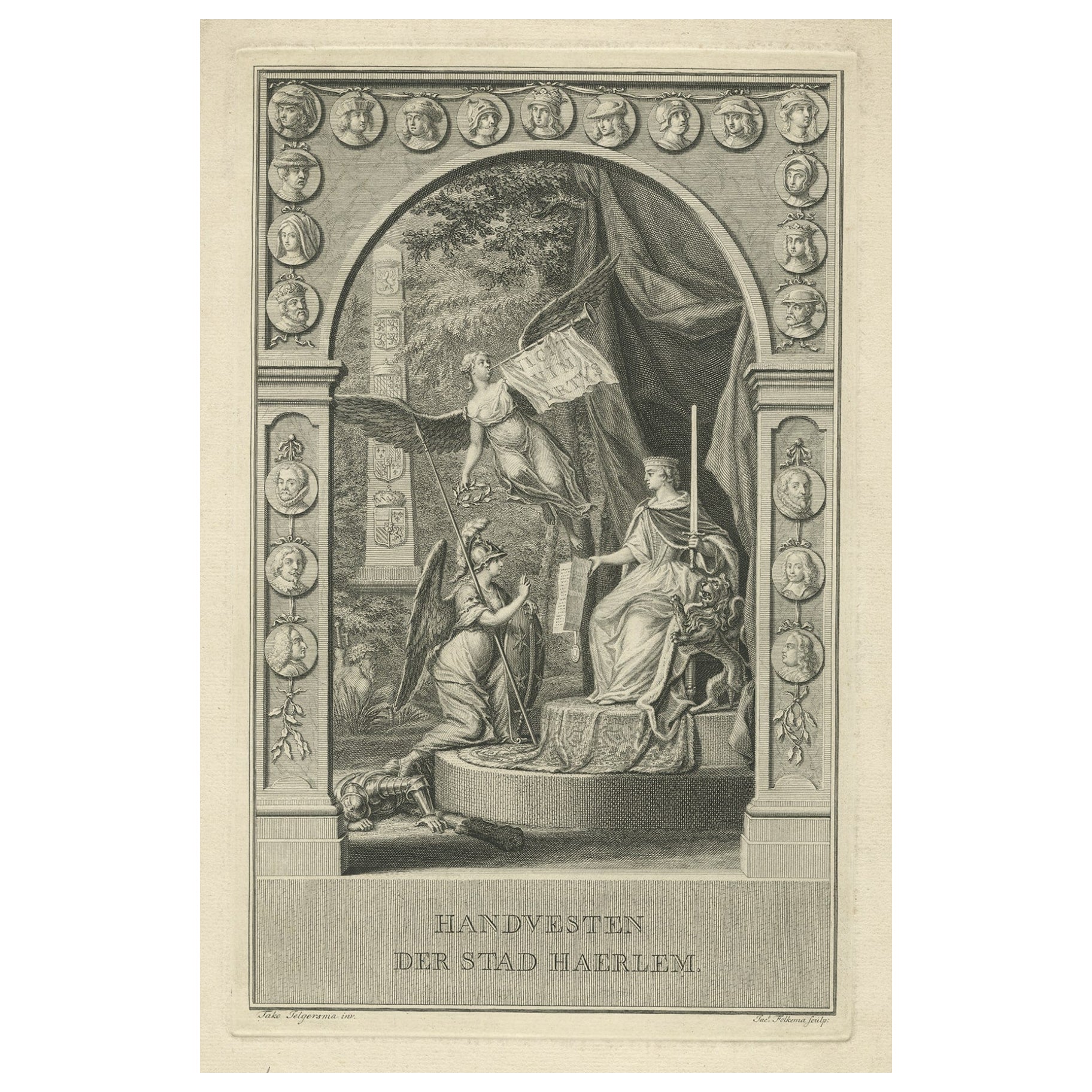 Allegorisches Frontispiz des Freiheits und der Rechte von Haarlem, Niederlande, 1751 im Angebot