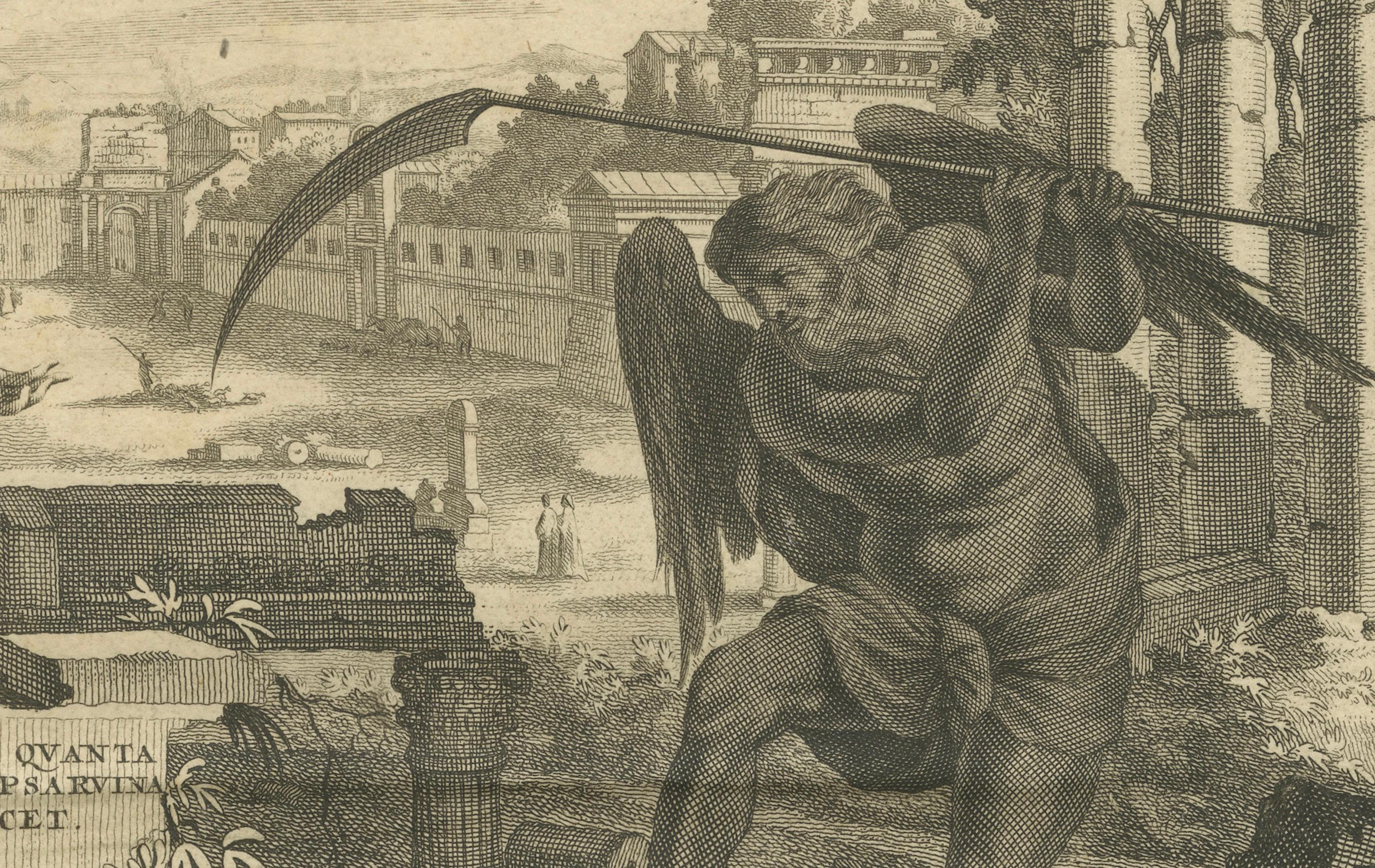 Cette gravure est un frontispice allégorique présentant une représentation des ruines de la Rome antique, soulignant l'héritage durable de la grandeur de la ville à travers ses vestiges. La composition est centrée sur deux figures féminines assises,