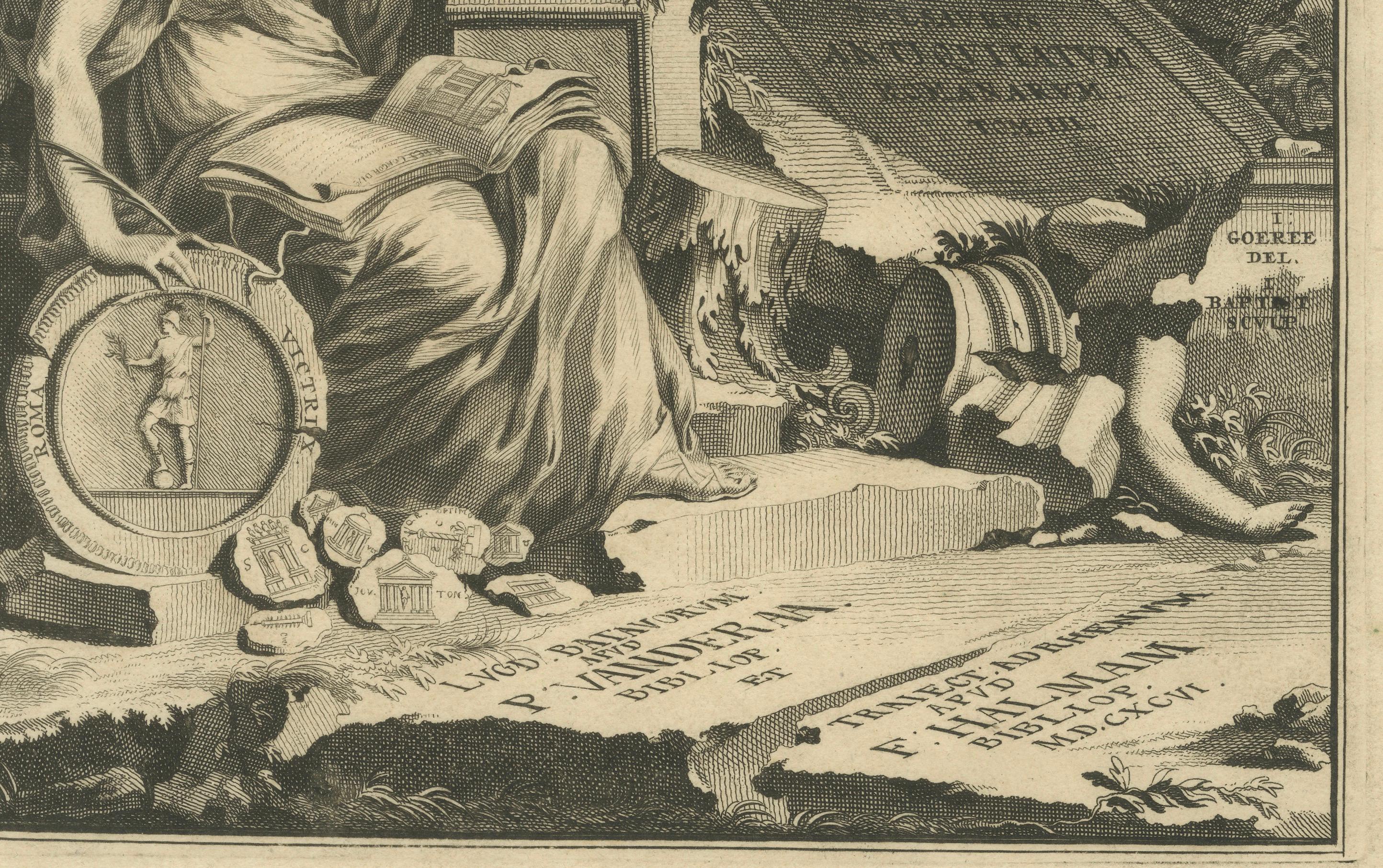 Gravé Plaque allégorique des ruines de Rome, Pieter van der Aa & F. Halma, 1696 en vente