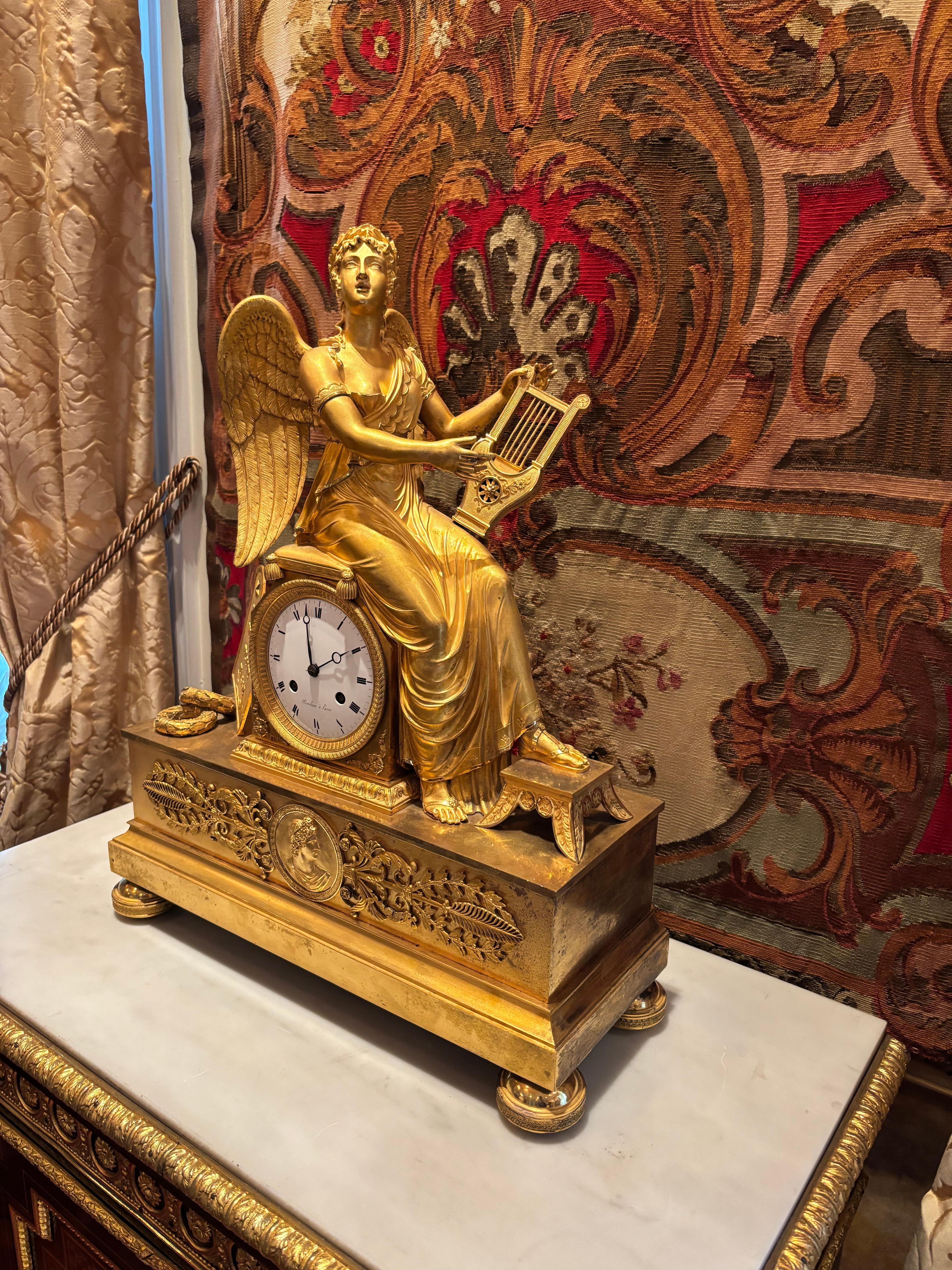 Allegorical Gilt Bronze Clock Depiction Clio, the Muse of History and Music For Sale 9