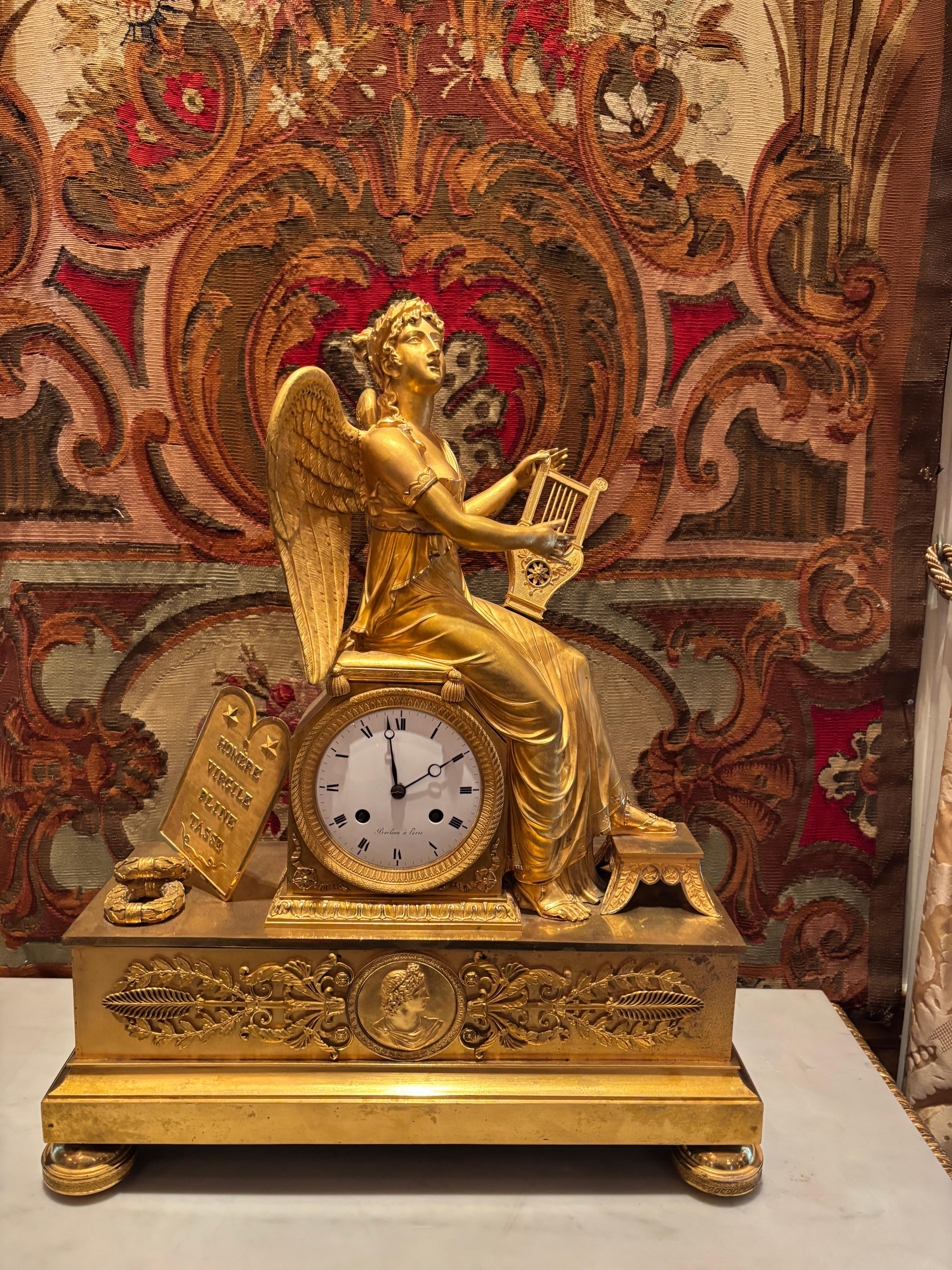 Allegorical Gilt Bronze Clock Depiction Clio, the Muse of History and Music For Sale 10