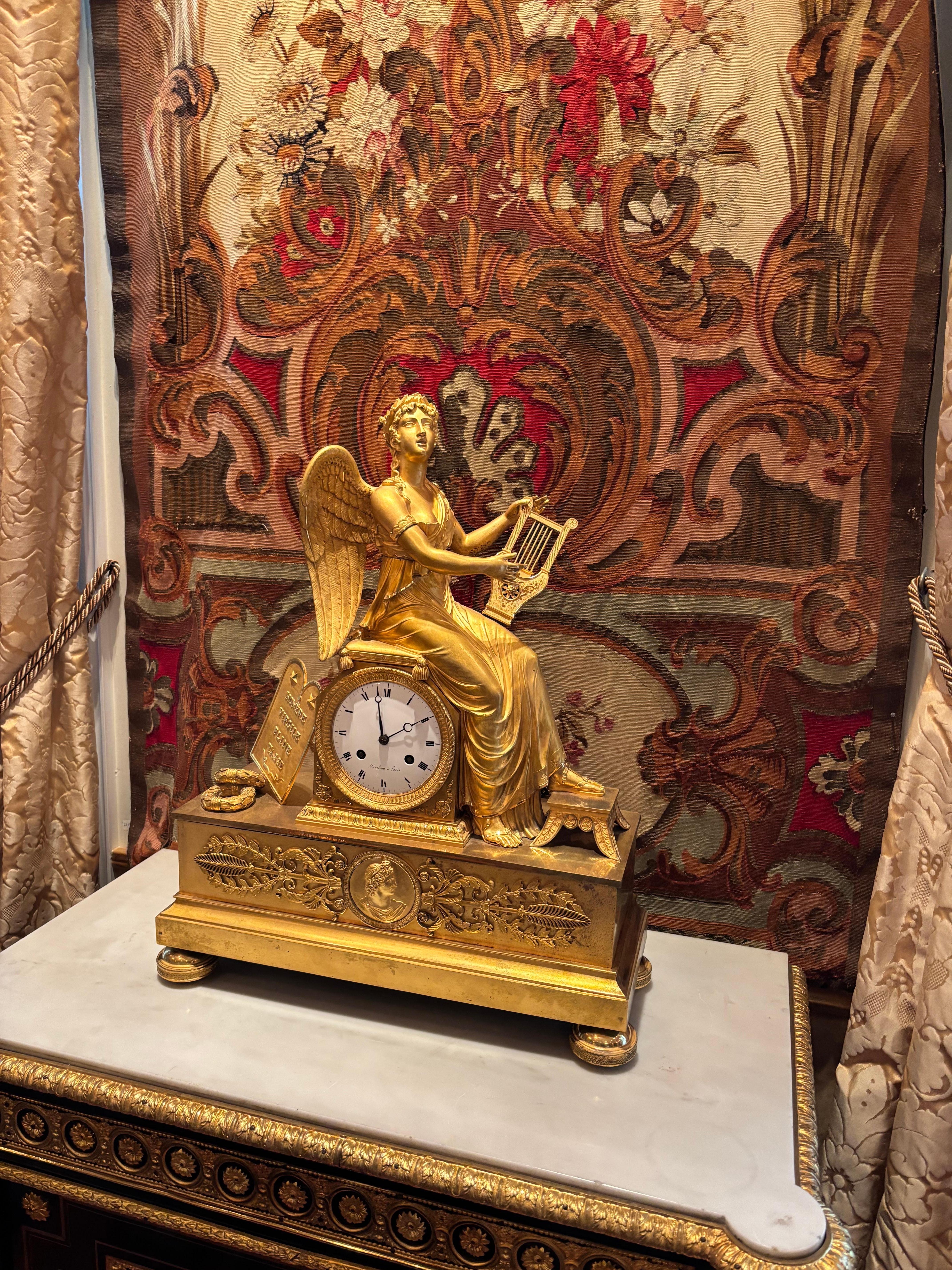 Allegorical Gilt Bronze Clock Depiction Clio, the Muse of History and Music For Sale 11
