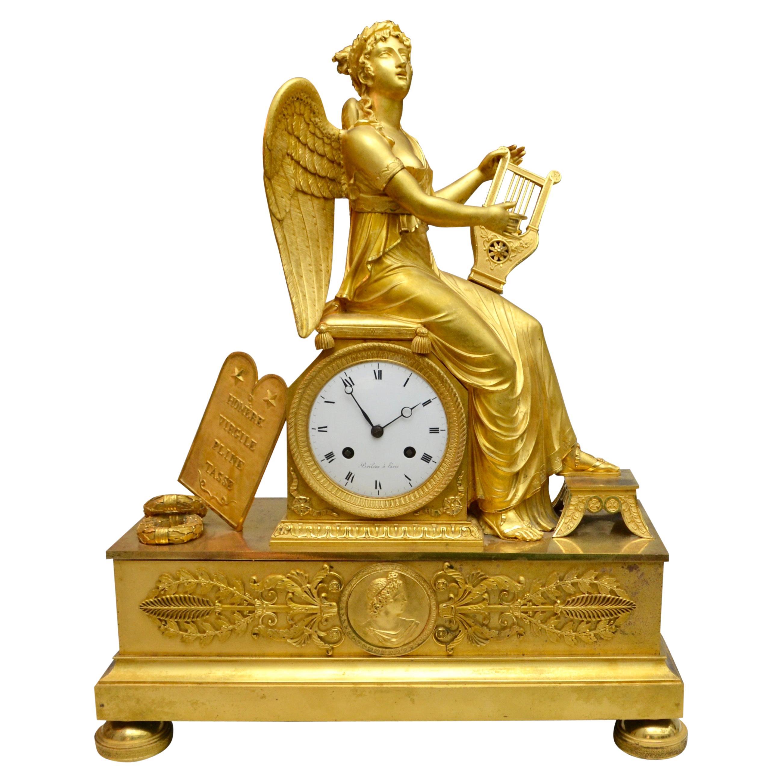Allegorical Gilt Bronze Clock Depiction Clio, the Muse of History and Music For Sale