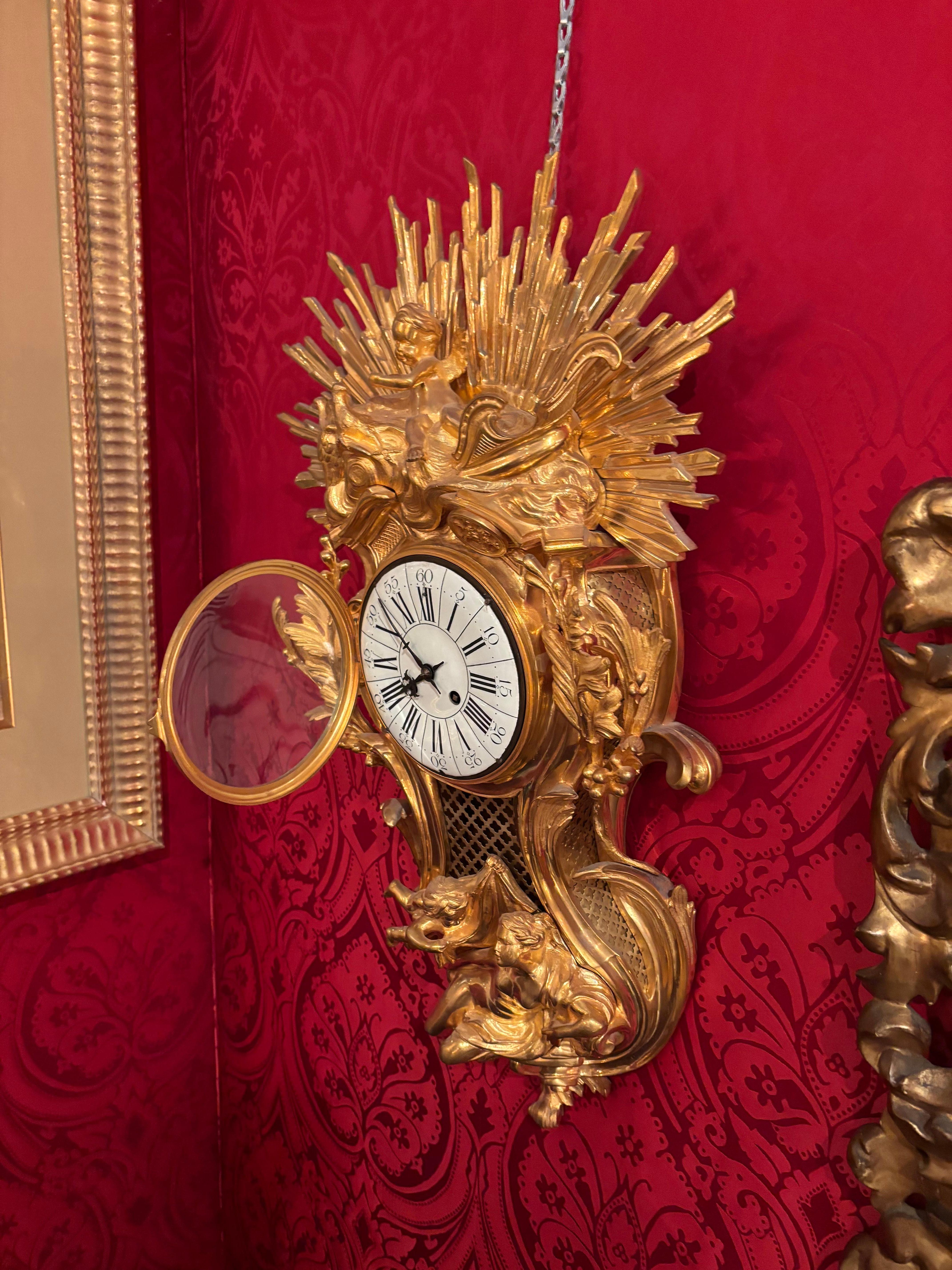 19th Century Allegorical Louis XV Style Gilt Bronze Cartel Clock Depicting 