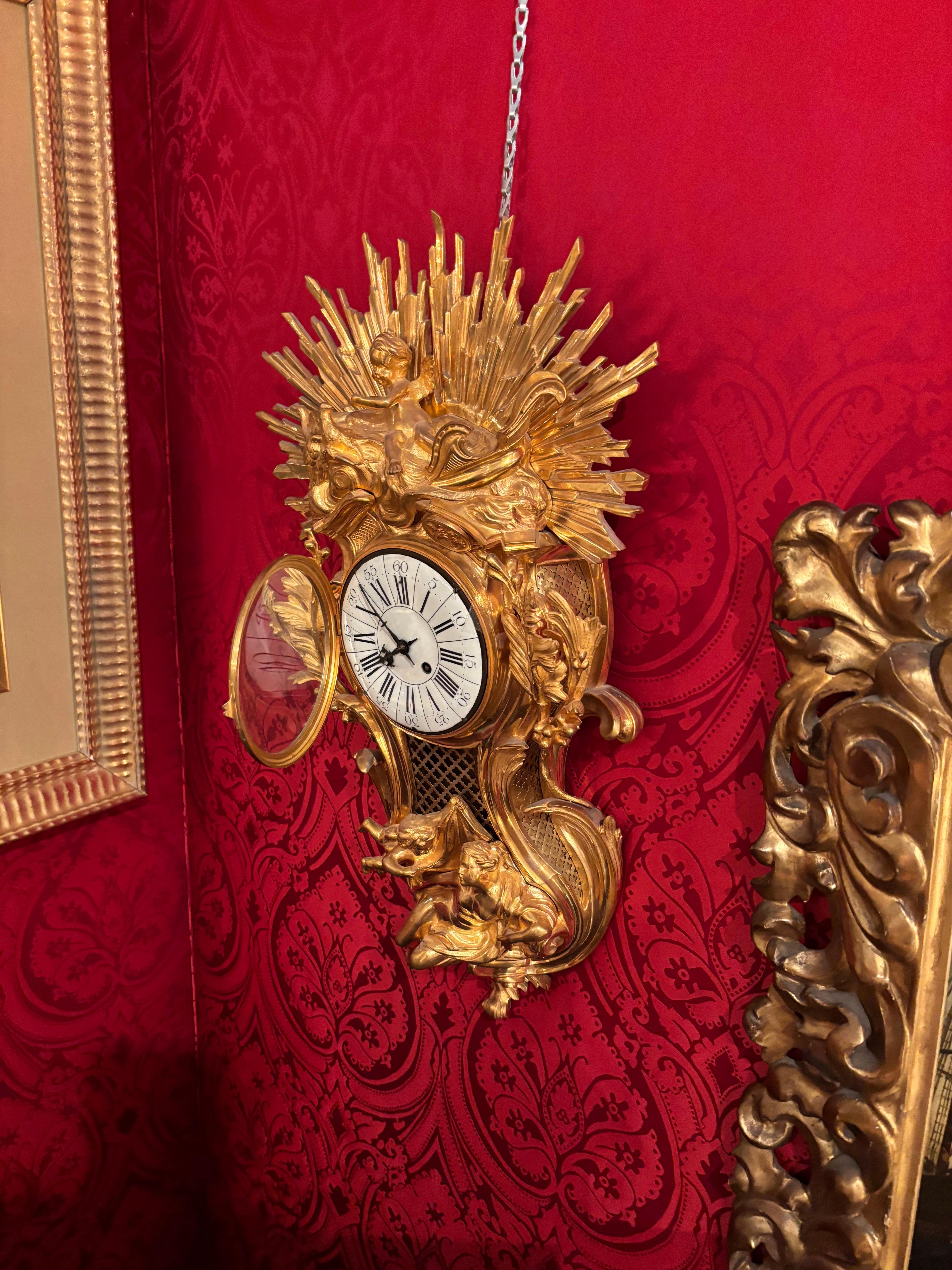 Allegorical Louis XV Style Gilt Bronze Cartel Clock Depicting 