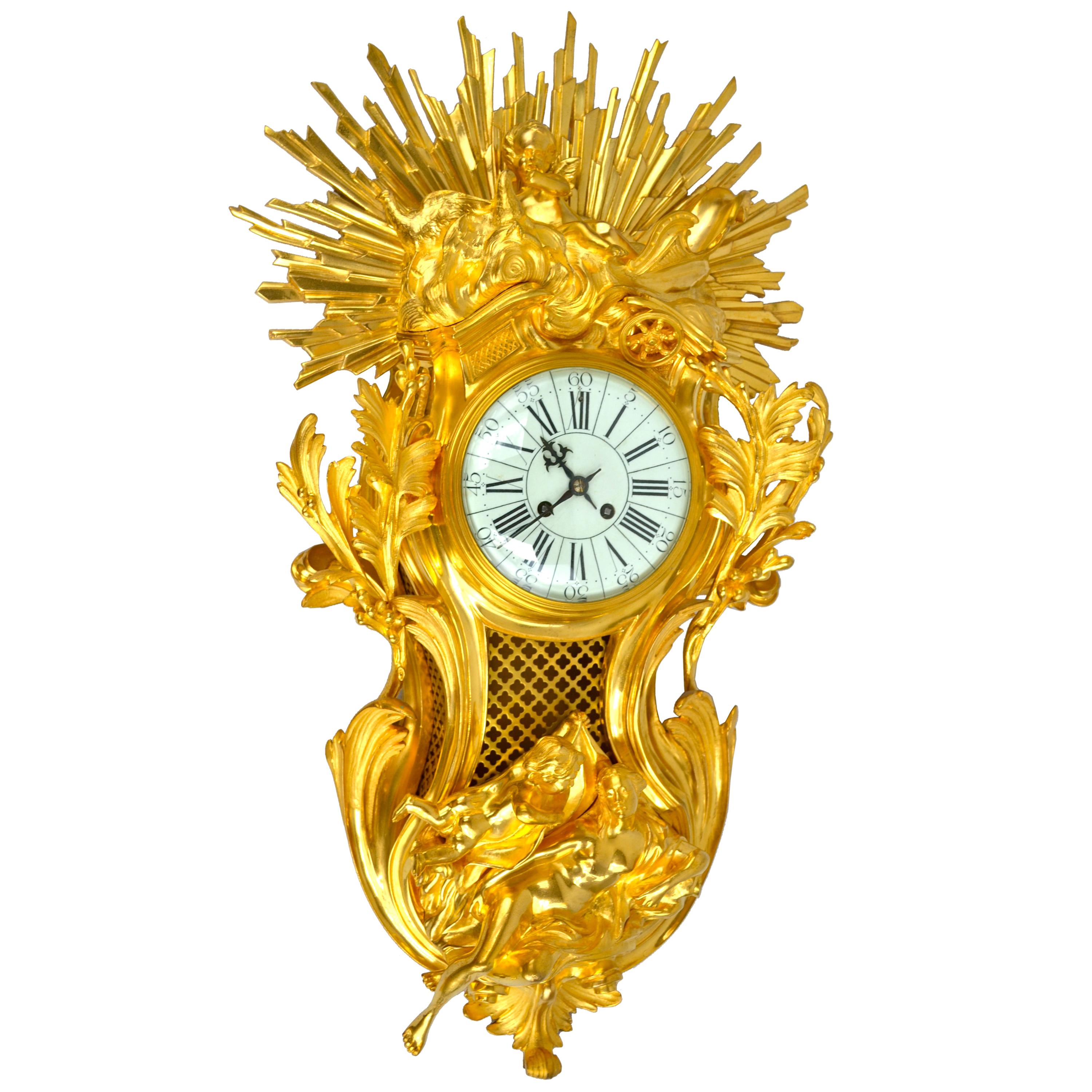 Allegorical Louis XV Style Gilt Bronze Cartel Clock Depicting "Night and Day"