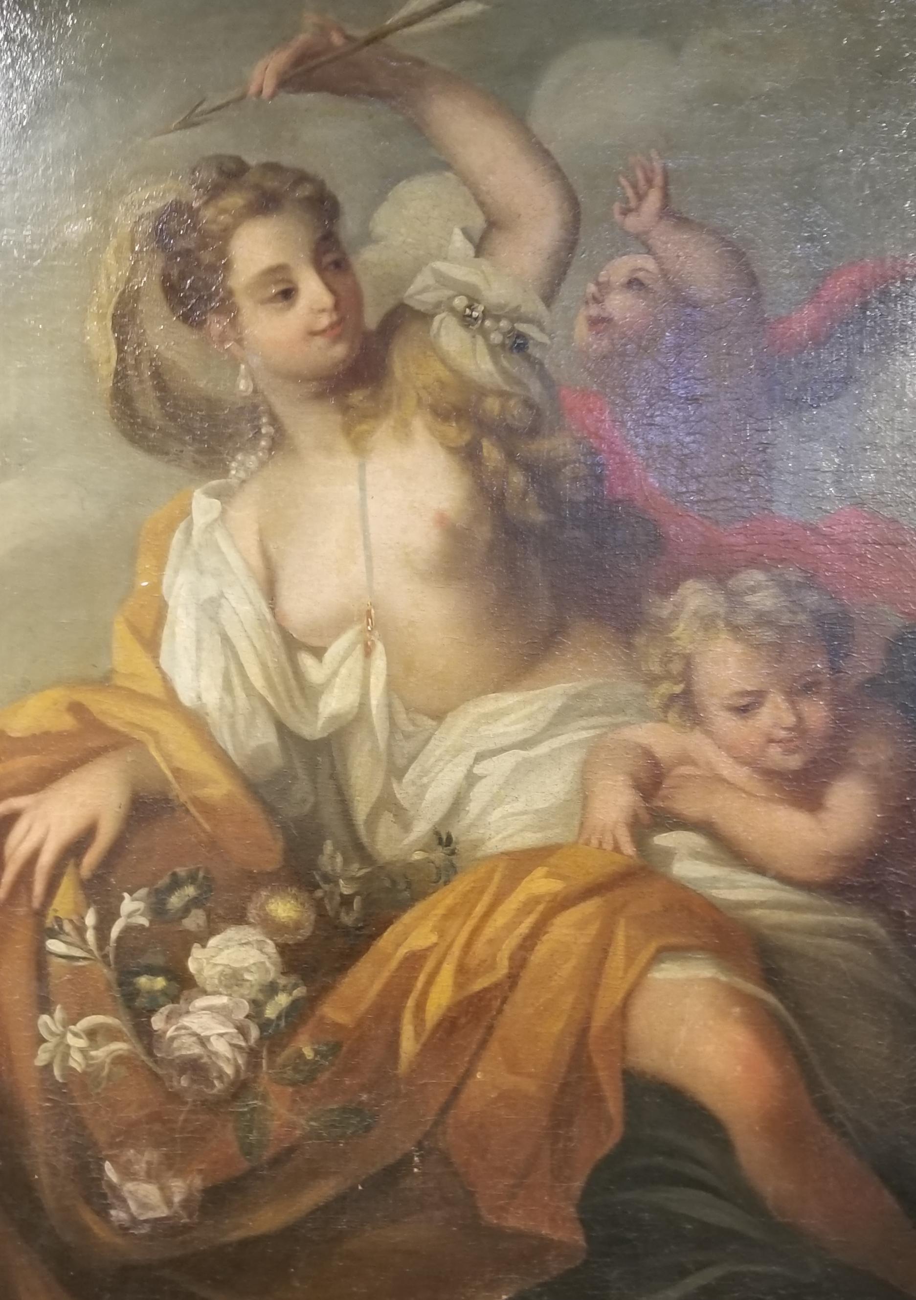 European School oil on canvas painting, early to mid-19th century. Nymph and cherubs with Cupids arrow.

 