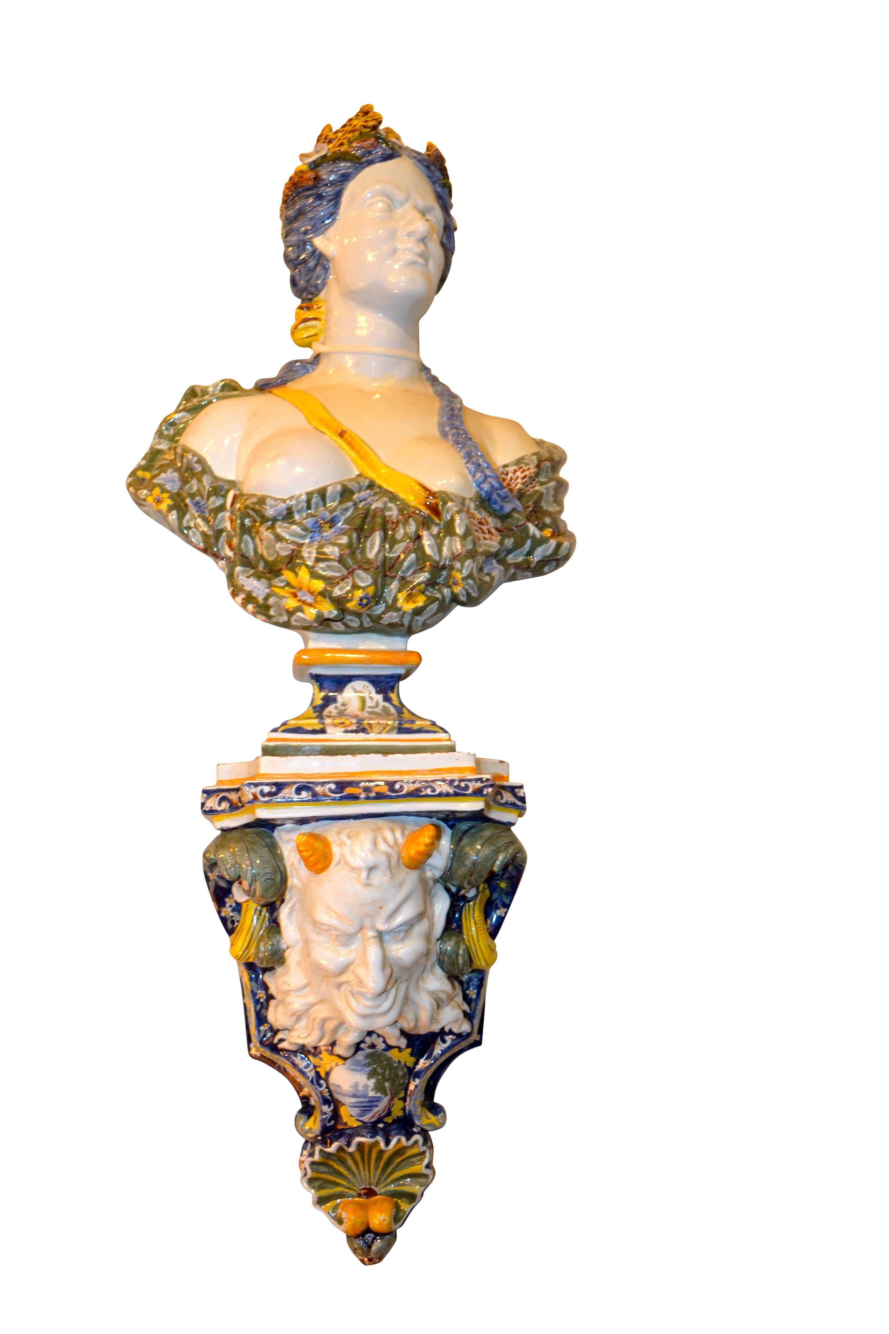 Rococo Revival Allegorical Pair of Faience de Rouen Busts Depicting Summer and Fall For Sale