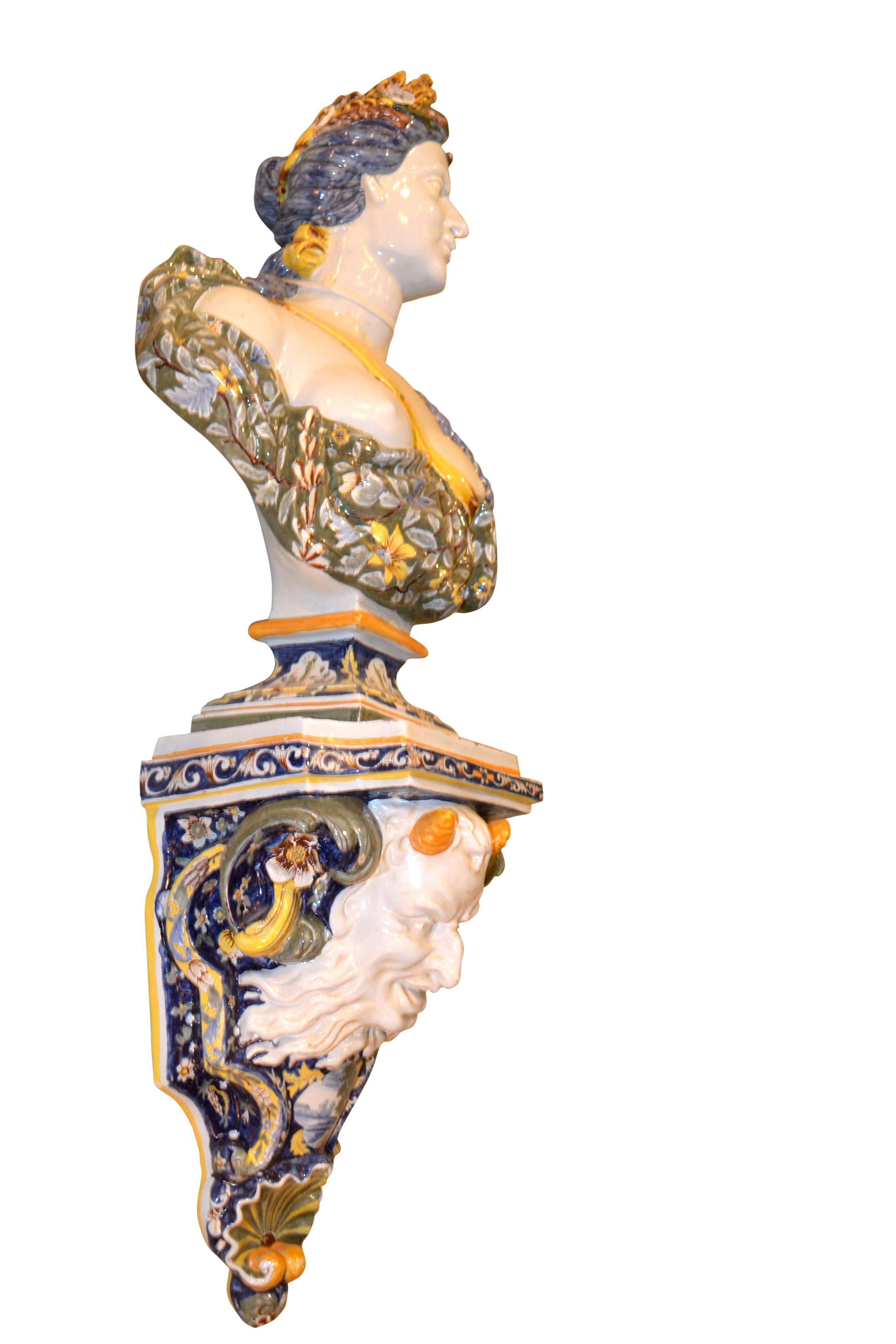 Glazed Allegorical Pair of Faience de Rouen Busts Depicting Summer and Fall For Sale