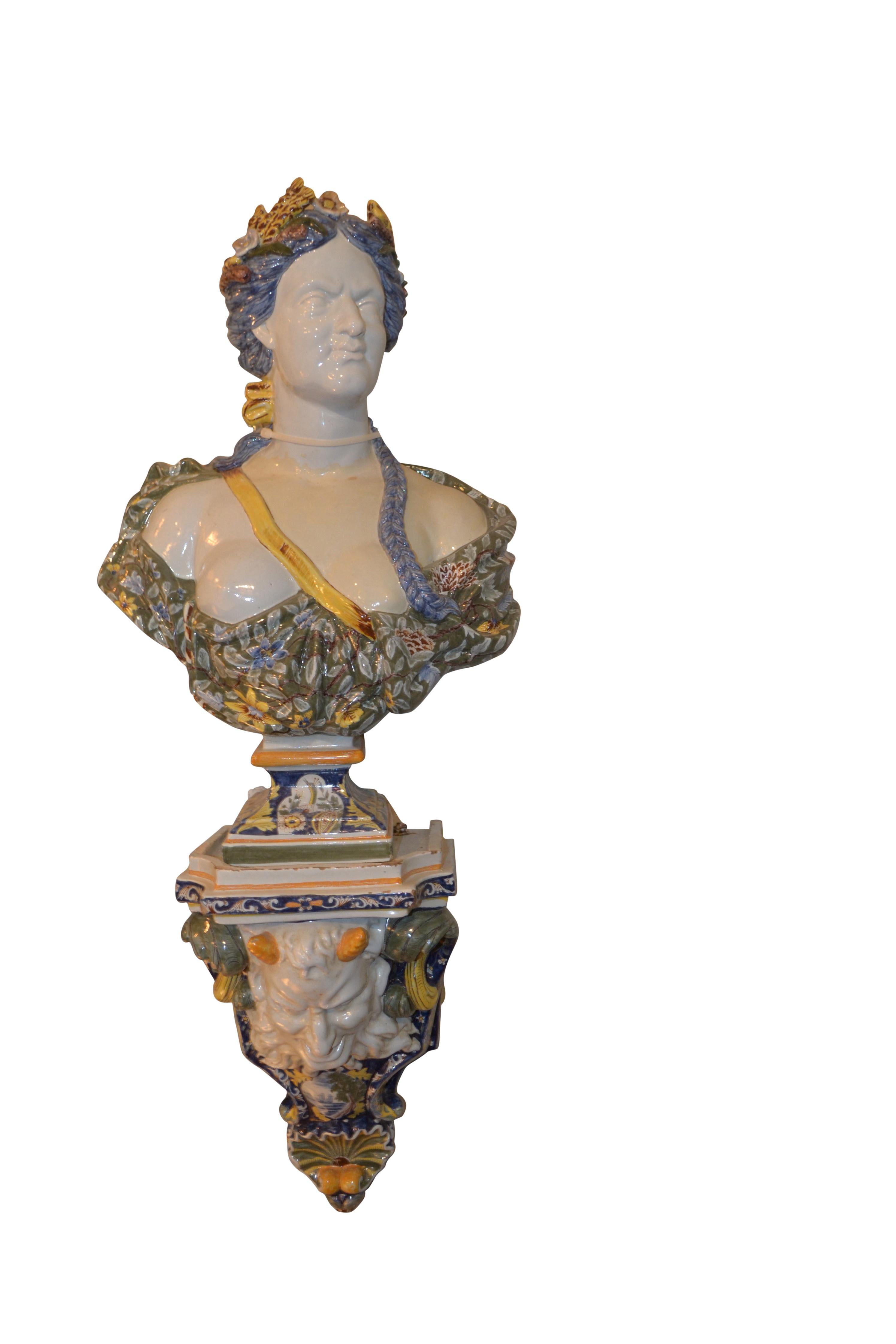 19th Century Allegorical Pair of Faience de Rouen Busts Depicting Summer and Fall For Sale