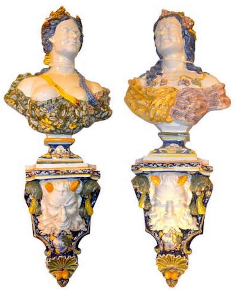Allegorical Pair of Faience de Rouen Busts Depicting Summer and Fall For Sale