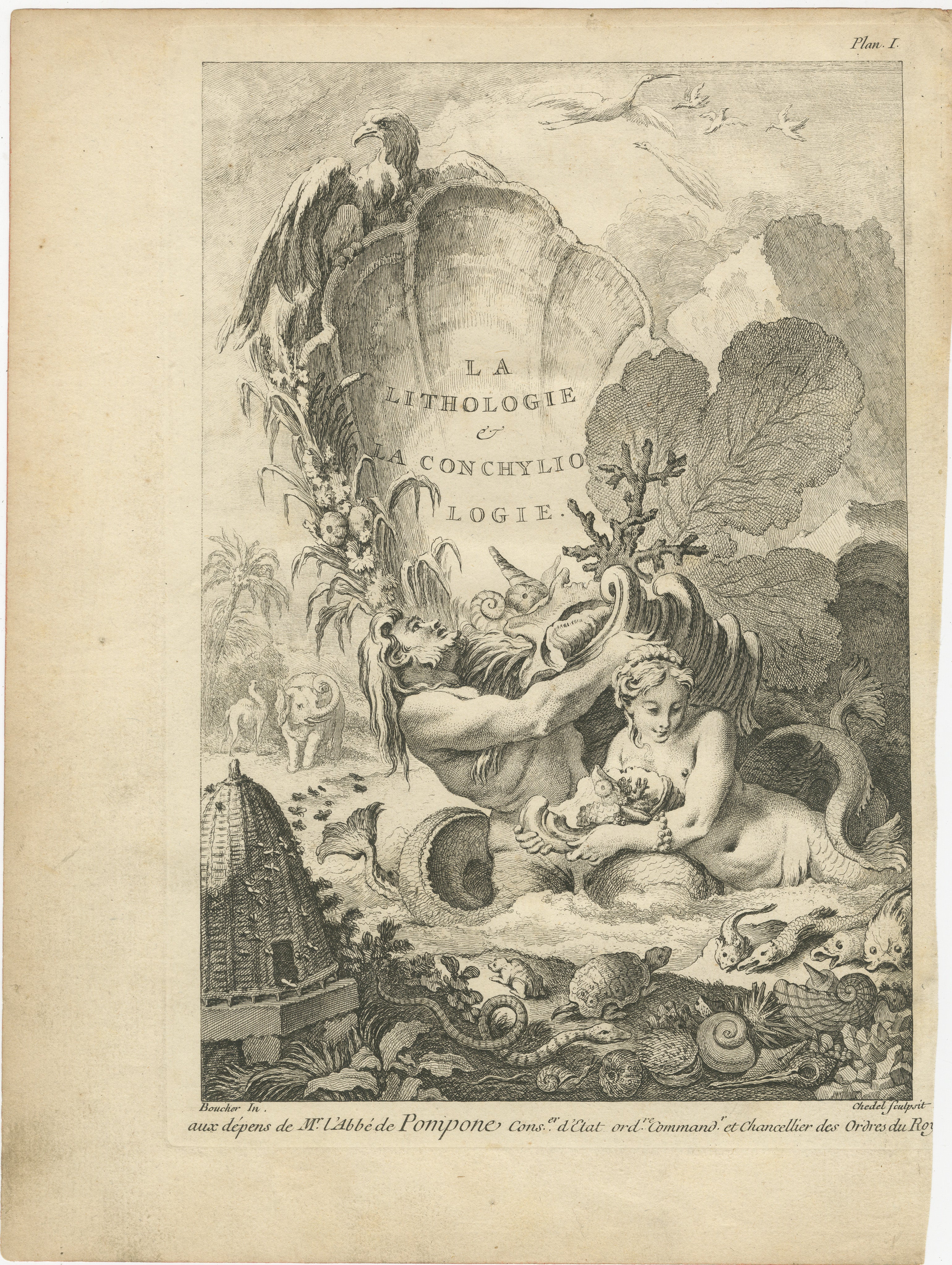 Titel: Allegorischer Druck der Lithologie und Conchologie von Boucher Fils, 18. Jahrhundert

Beschreibung: Dieser exquisite allegorische Stich aus dem 18. Jahrhundert mit dem Titel La Lithologie & La Conchyliologie fängt das Wesen der