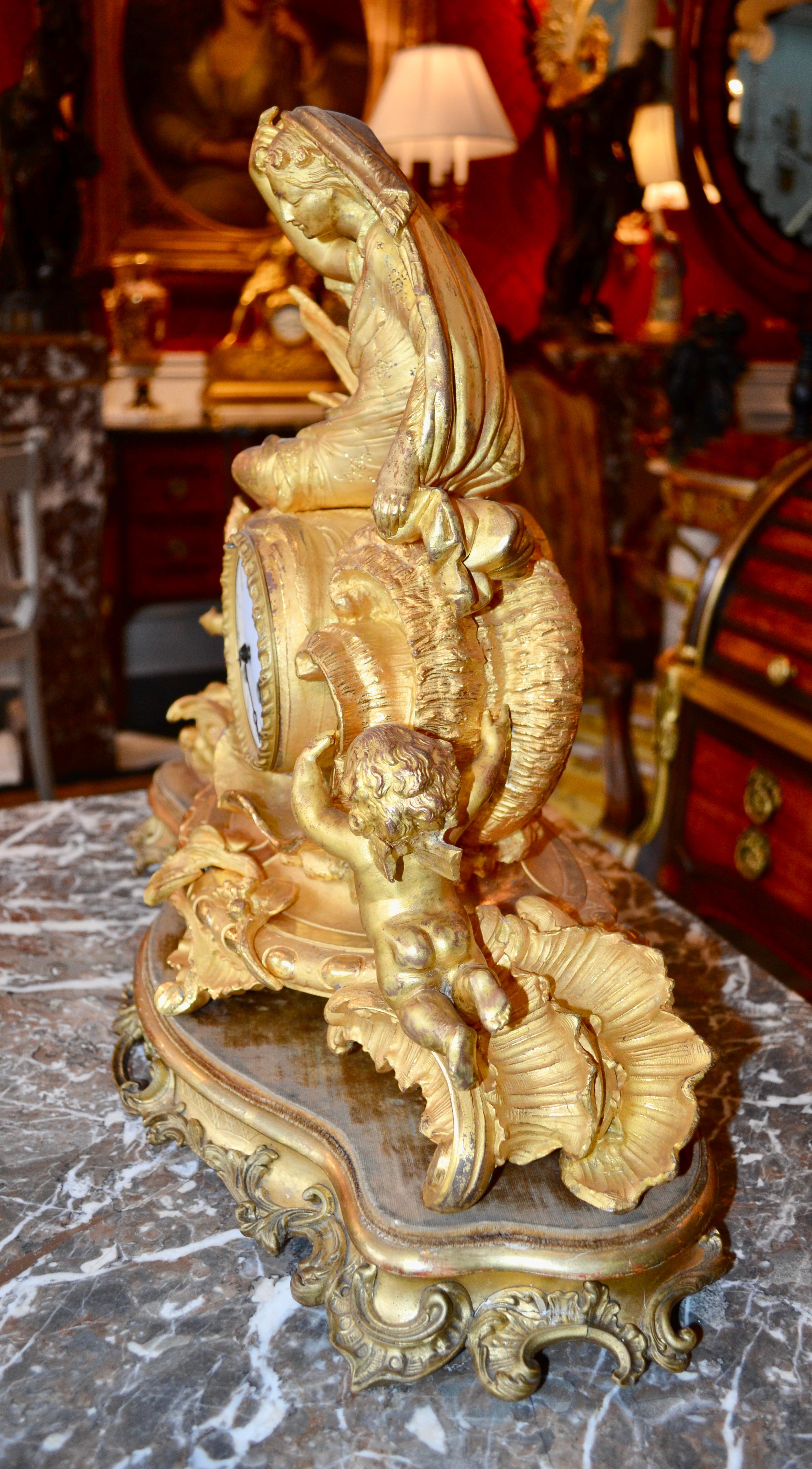 Allegorical Rococo Revival Clock Depicting a Gilt Water Sprite with Putti For Sale 6