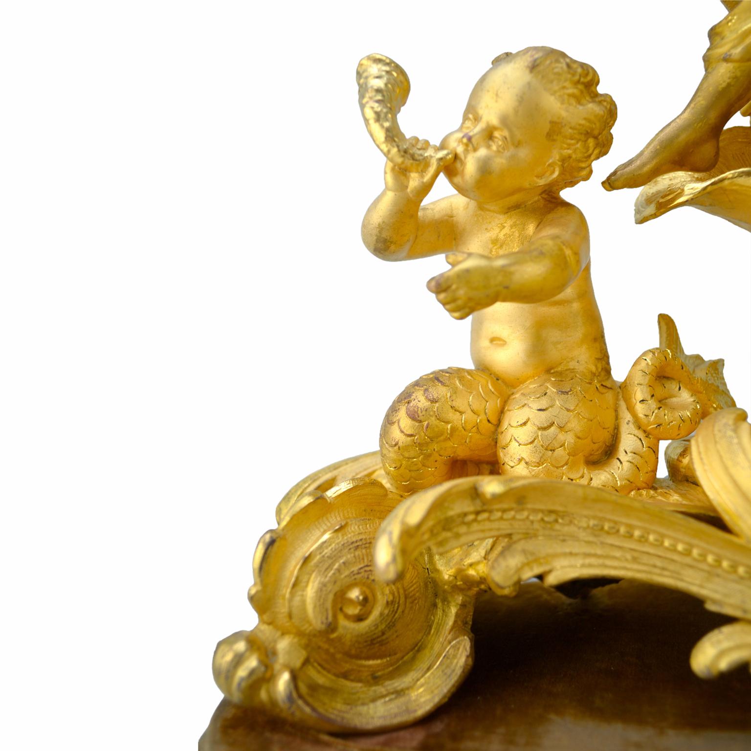 19th Century Allegorical Rococo Revival Clock Depicting a Gilt Water Sprite with Putti For Sale