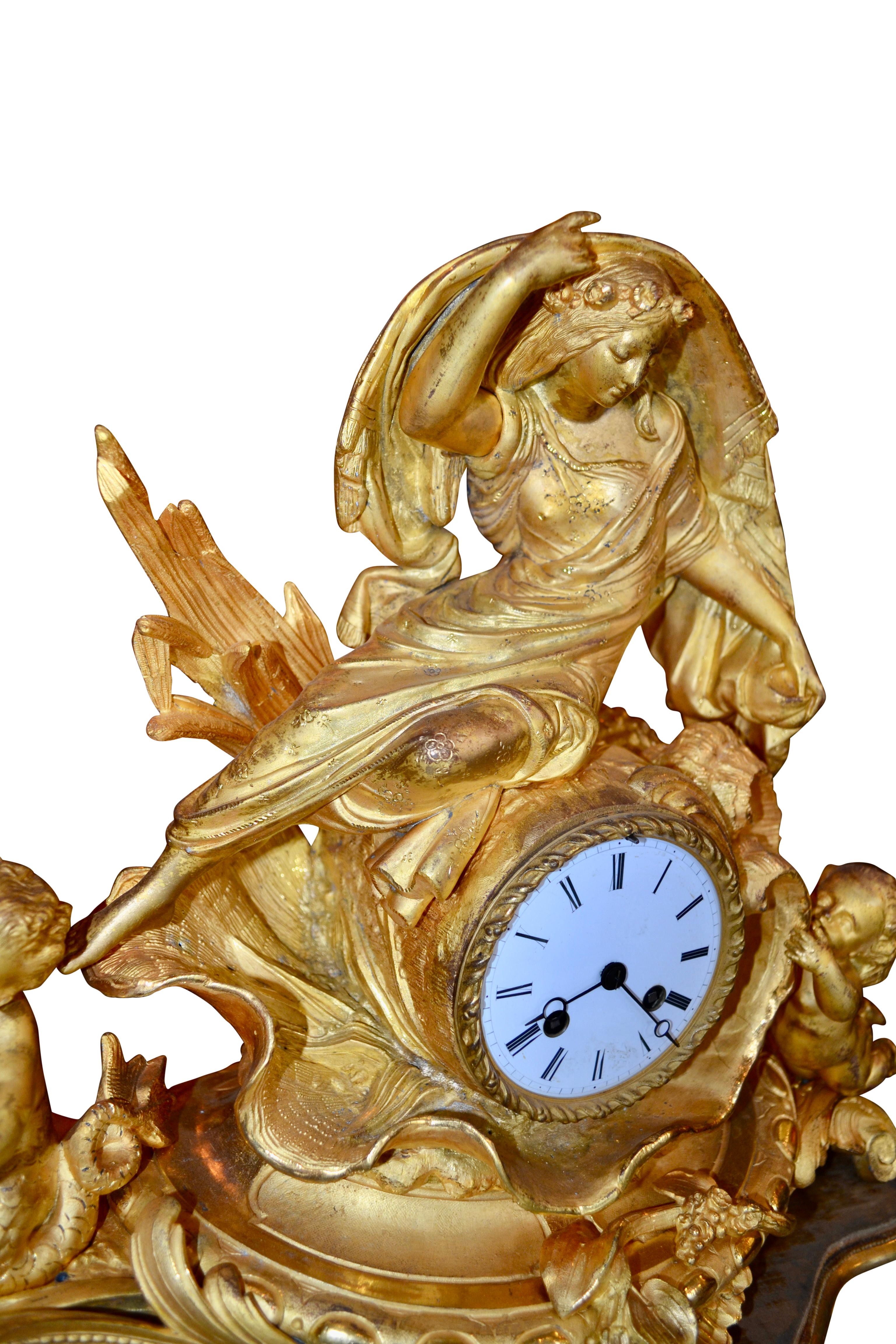 French Allegorical Rococo Revival Clock Depicting a Gilt Water Sprite with Putti For Sale