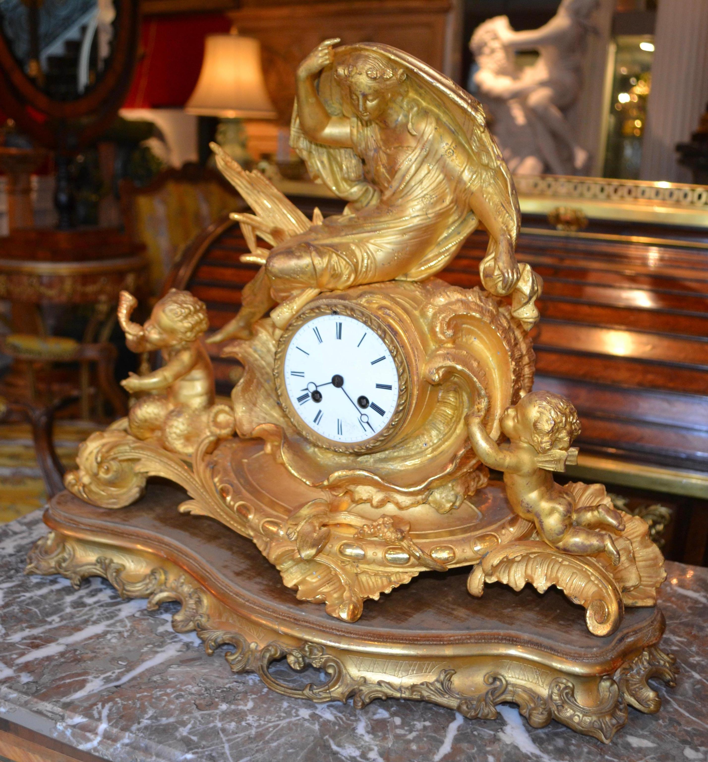 Allegorical Rococo Revival Clock Depicting a Gilt Water Sprite with Putti For Sale 3