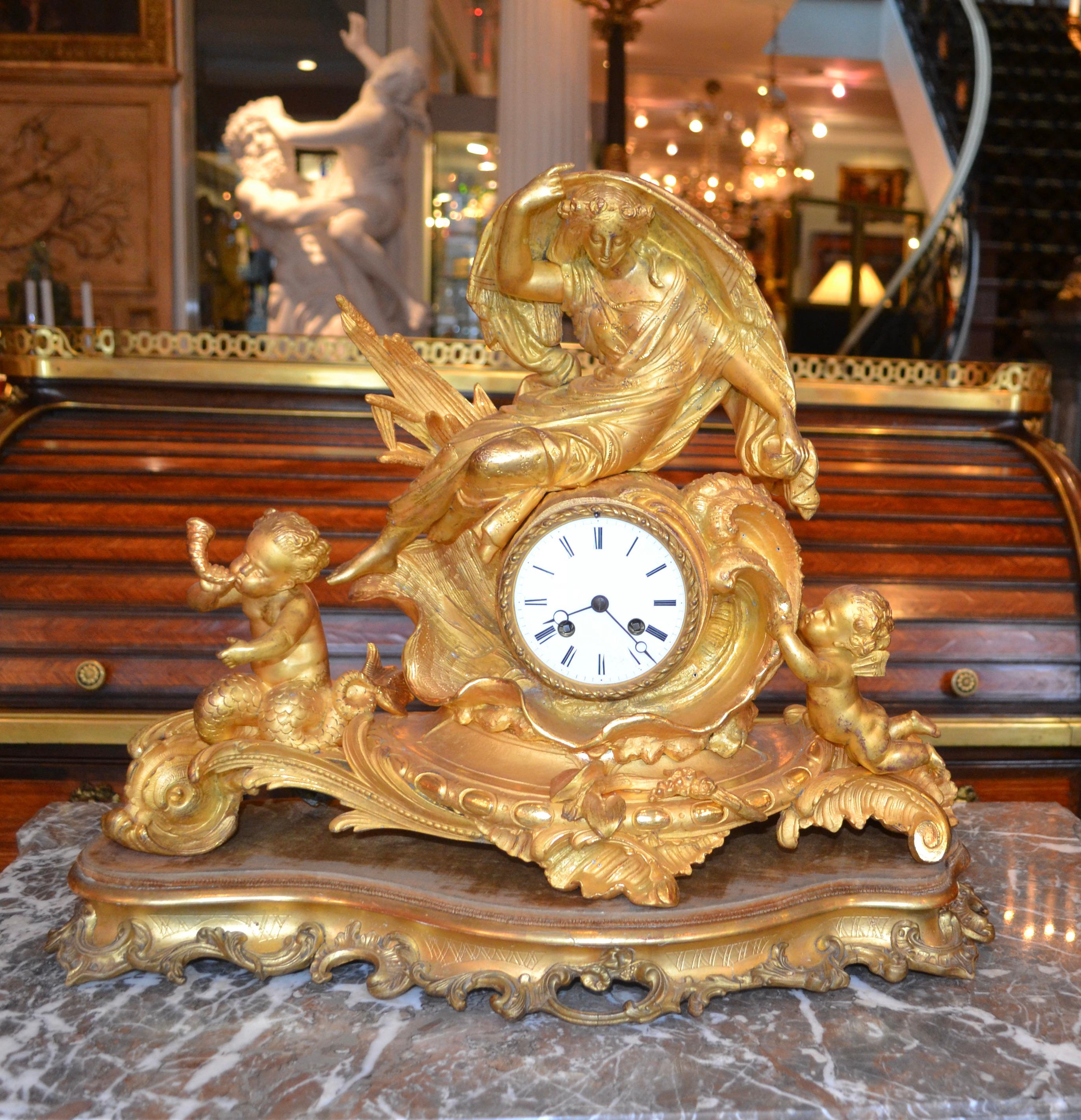 Allegorical Rococo Revival Clock Depicting a Gilt Water Sprite with Putti For Sale 5