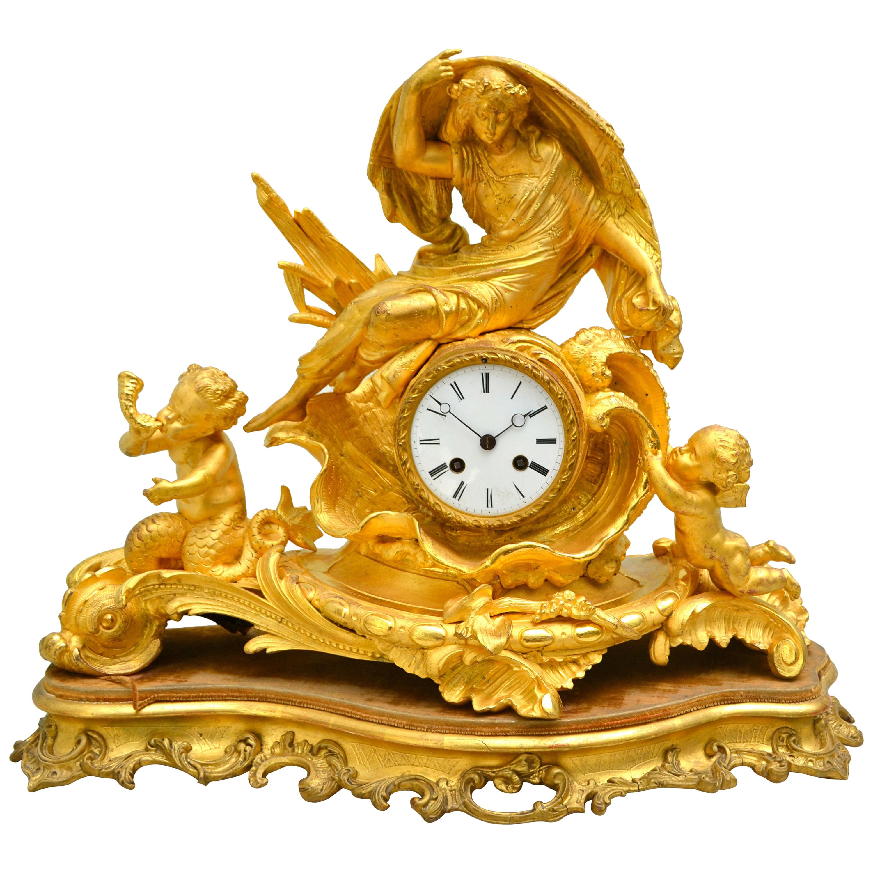 Allegorical Rococo Revival Clock Depicting a Gilt Water Sprite with Putti