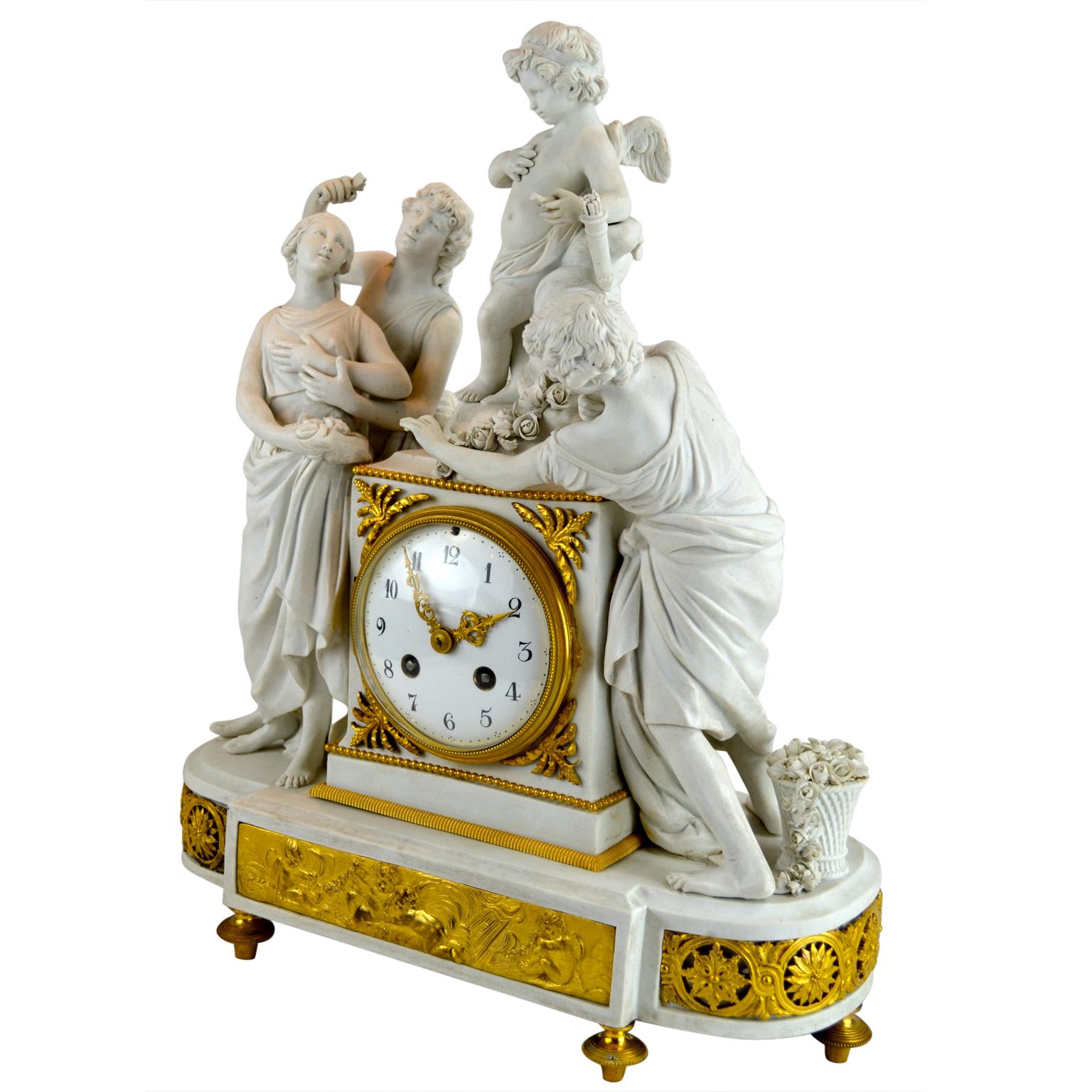 Allegorical Sevres Bisque Porcelain Figural Clock Titled La Larcin De La Rose For Sale 4