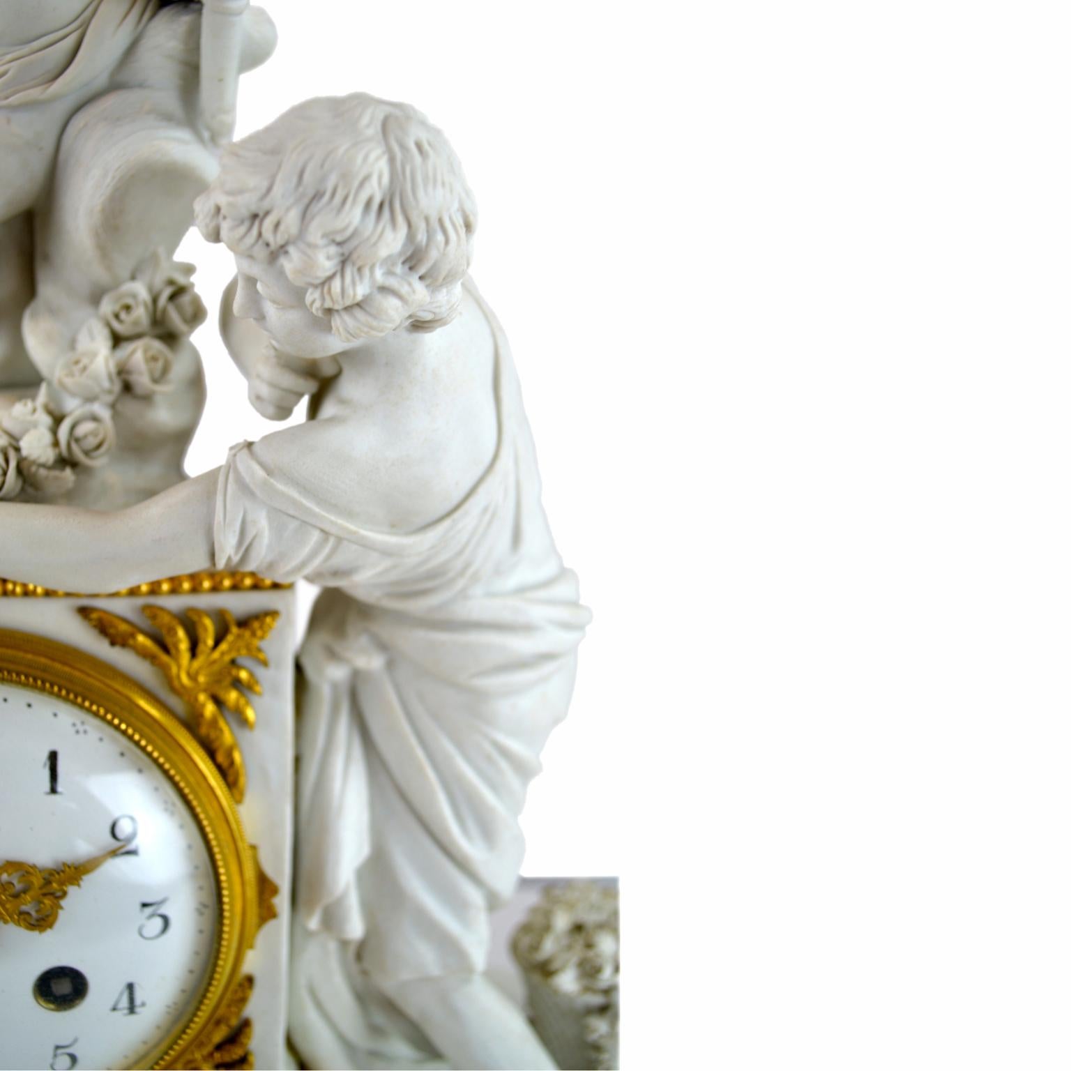 Neoclassical Allegorical Sevres Bisque Porcelain Figural Clock Titled La Larcin De La Rose For Sale
