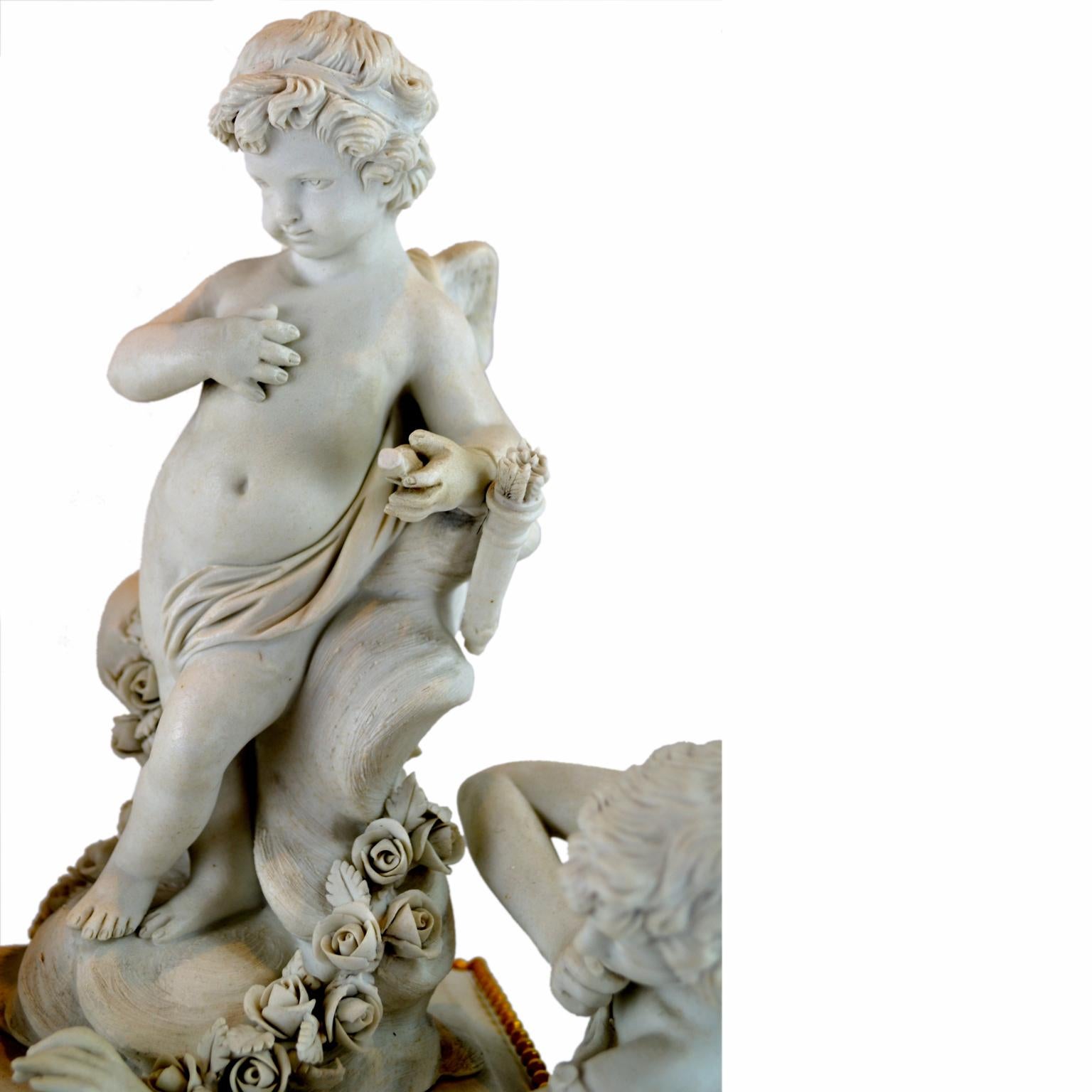 Unglazed Allegorical Sevres Bisque Porcelain Figural Clock Titled La Larcin De La Rose For Sale