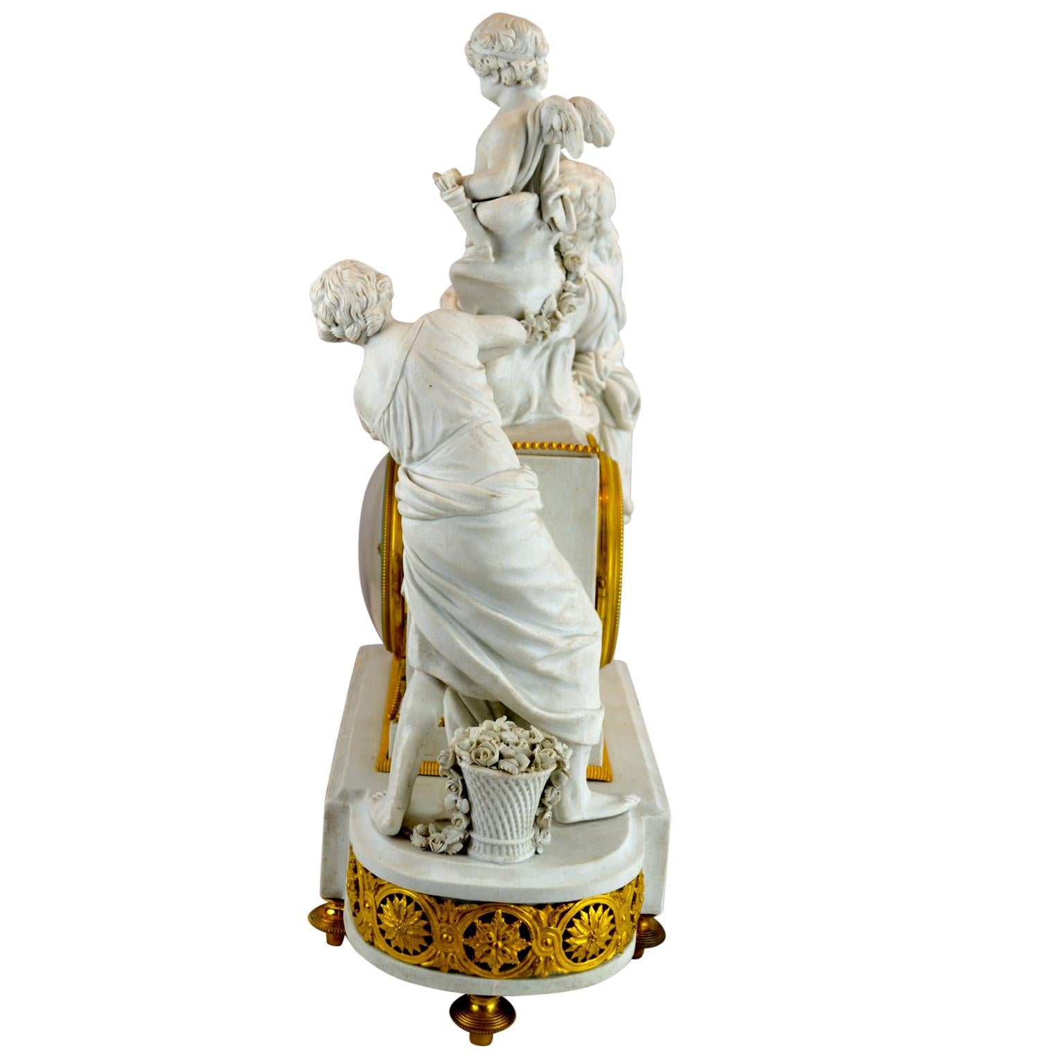Allegorical Sevres Bisque Porcelain Figural Clock Titled La Larcin De La Rose For Sale 1