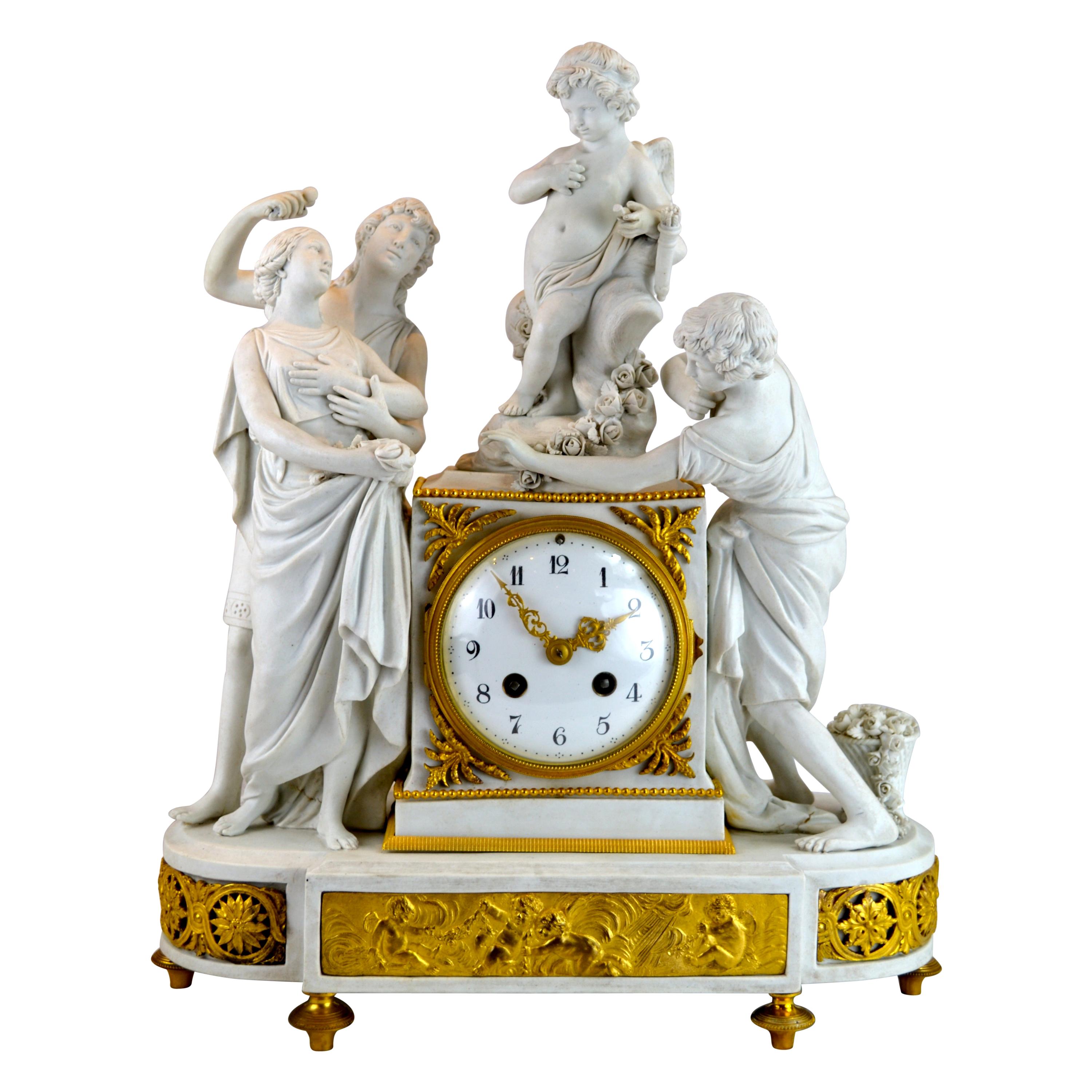 Allegorical Sevres Bisque Porcelain Figural Clock Titled La Larcin De La Rose