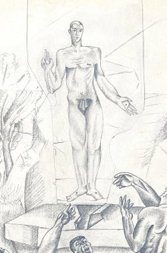 "Allegory, " Art Deco-Cubist Drawing with Multiple Nude Male Figures, circa 1920s