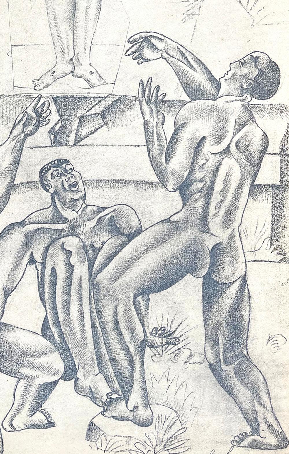 Art déco  allgorie , dessin d'un cubiste Art dco avec plusieurs figures masculines nues, vers les annes 1920 en vente