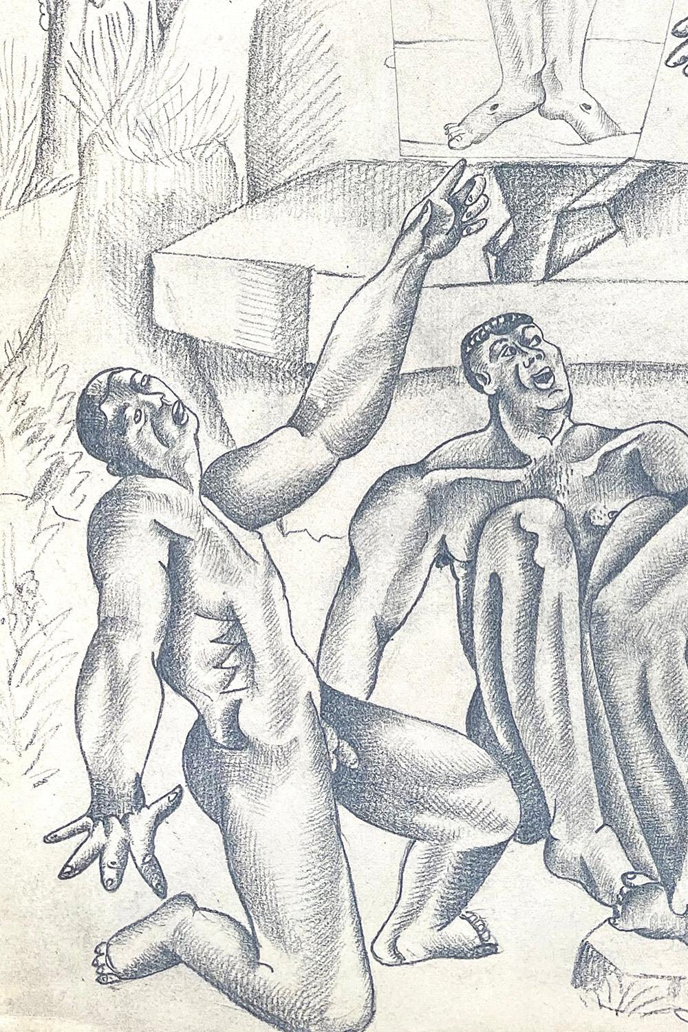 Américain  allgorie , dessin d'un cubiste Art dco avec plusieurs figures masculines nues, vers les annes 1920 en vente