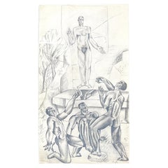 "Allegory," Art Deco-Cubist Drawing with Multiple Nude Male Figures, circa 1920s
