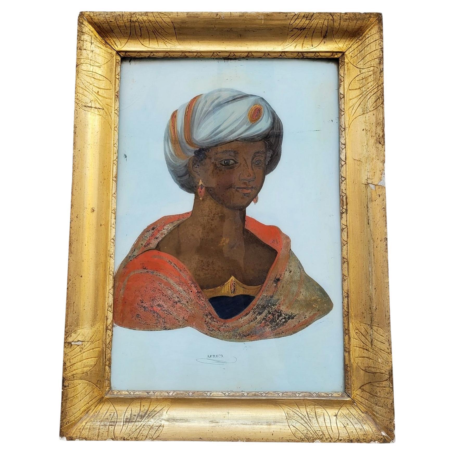 Allegorie von Afrika, gerahmt Fixe-sous-verre, 19. Jahrhundert im Angebot