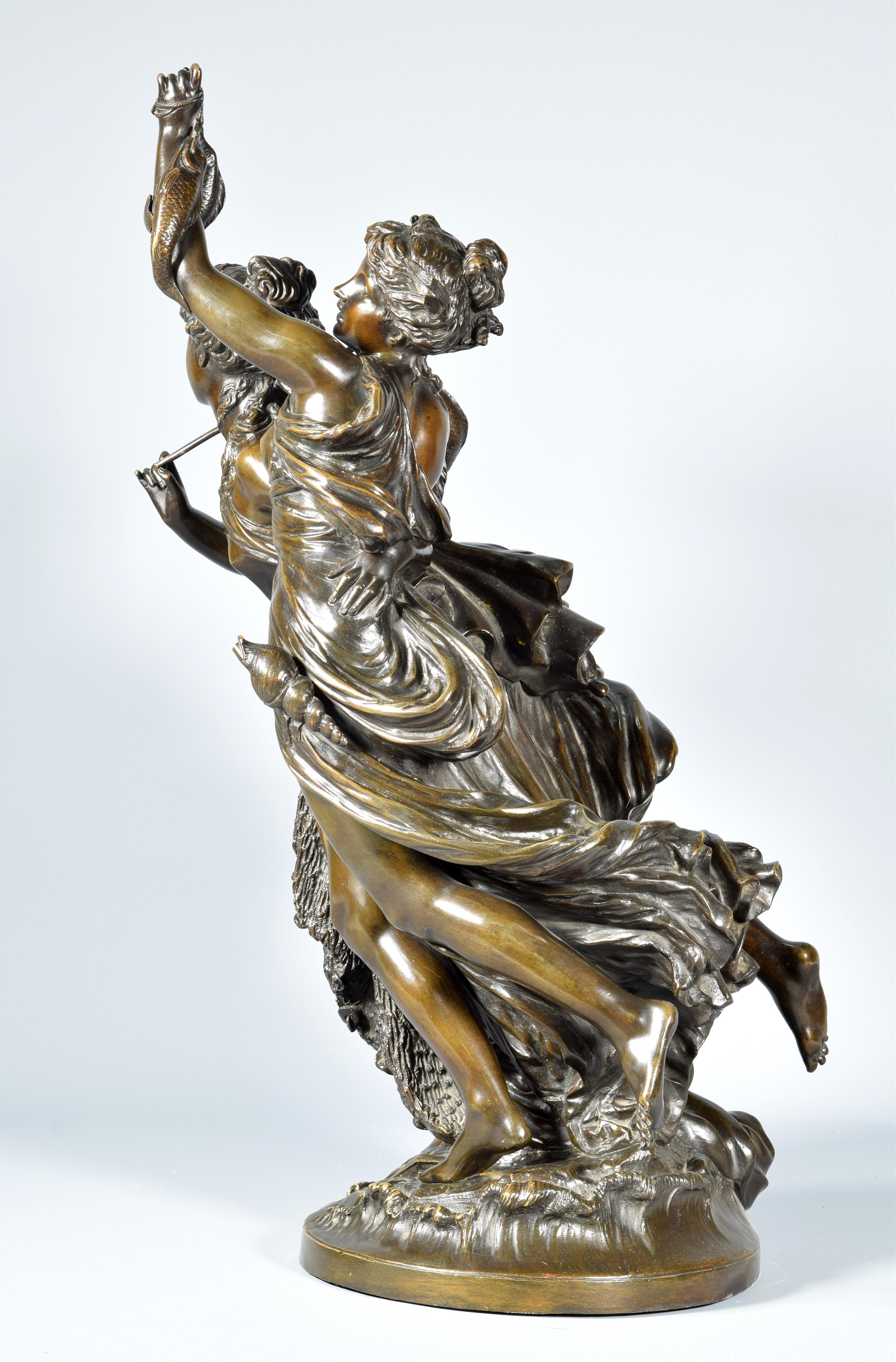 Allegory of Fishing (La Pêche). Bronze. PEIFFER, AUGUSTE JOSEPH (PARIS, 1832-1879 / 1886). France, 19th century.
Signature on the base (PEIFFER).
Bronze sculpture cast in lost wax that has a circular base that resembles water and waves, and which