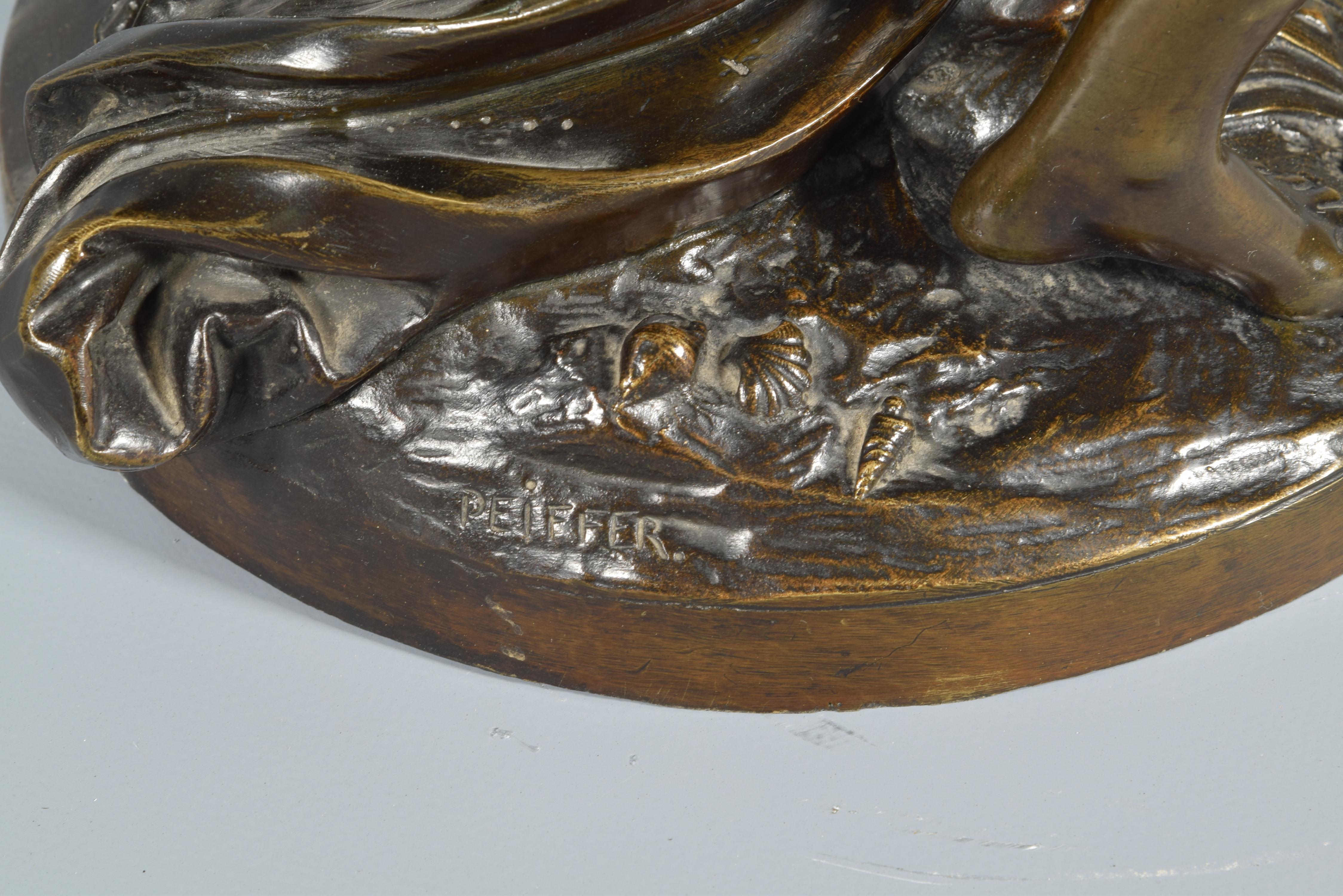 French Allegory of Fishing 'La Pêche', Bronze, Peiffer, Auguste Joseph, 19th Century